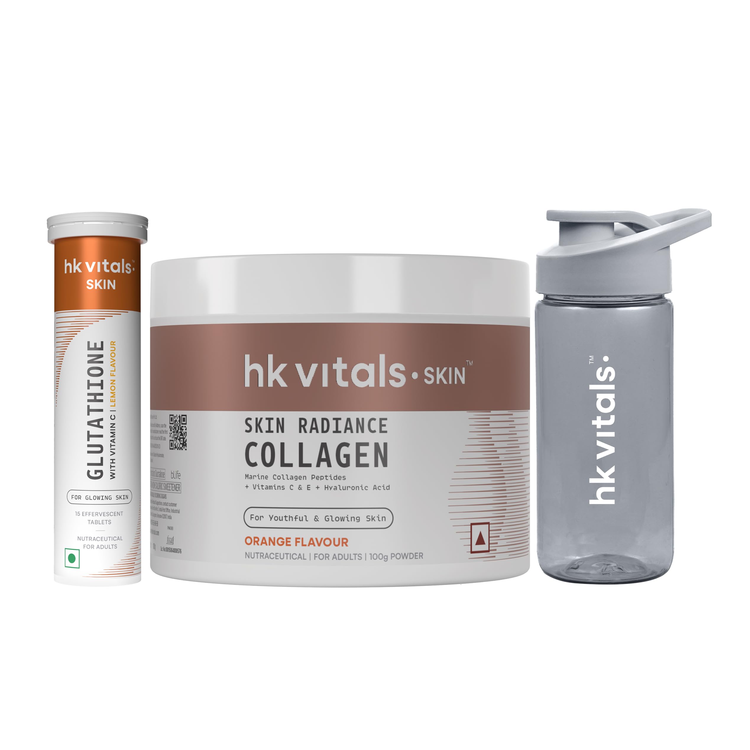 hk vitals Glutathione (Lemon, 15 Effervescent Tablets) with Skin Radiance Collagen Supplement with Biotin, Orange, 100 g & Sipper Bottle | L-Glutathione Tablets with Vitamin C & E
