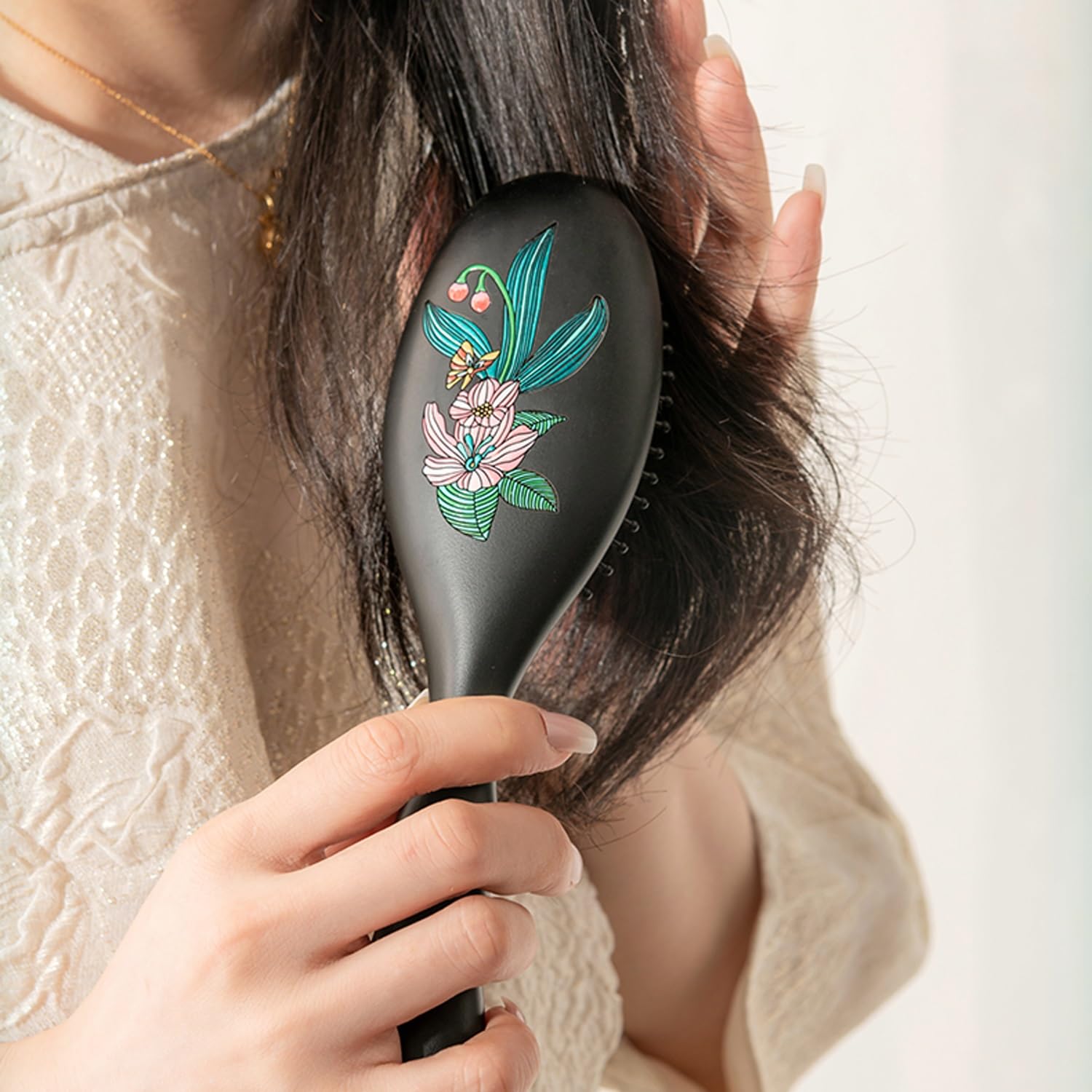Cepillo para el Cabello, Peine de Masaje de Madera, Cepillo para el Cabello Ovalado con Pintura de Flores de Mariposa, Cepillo de Aire desenredante antiestático