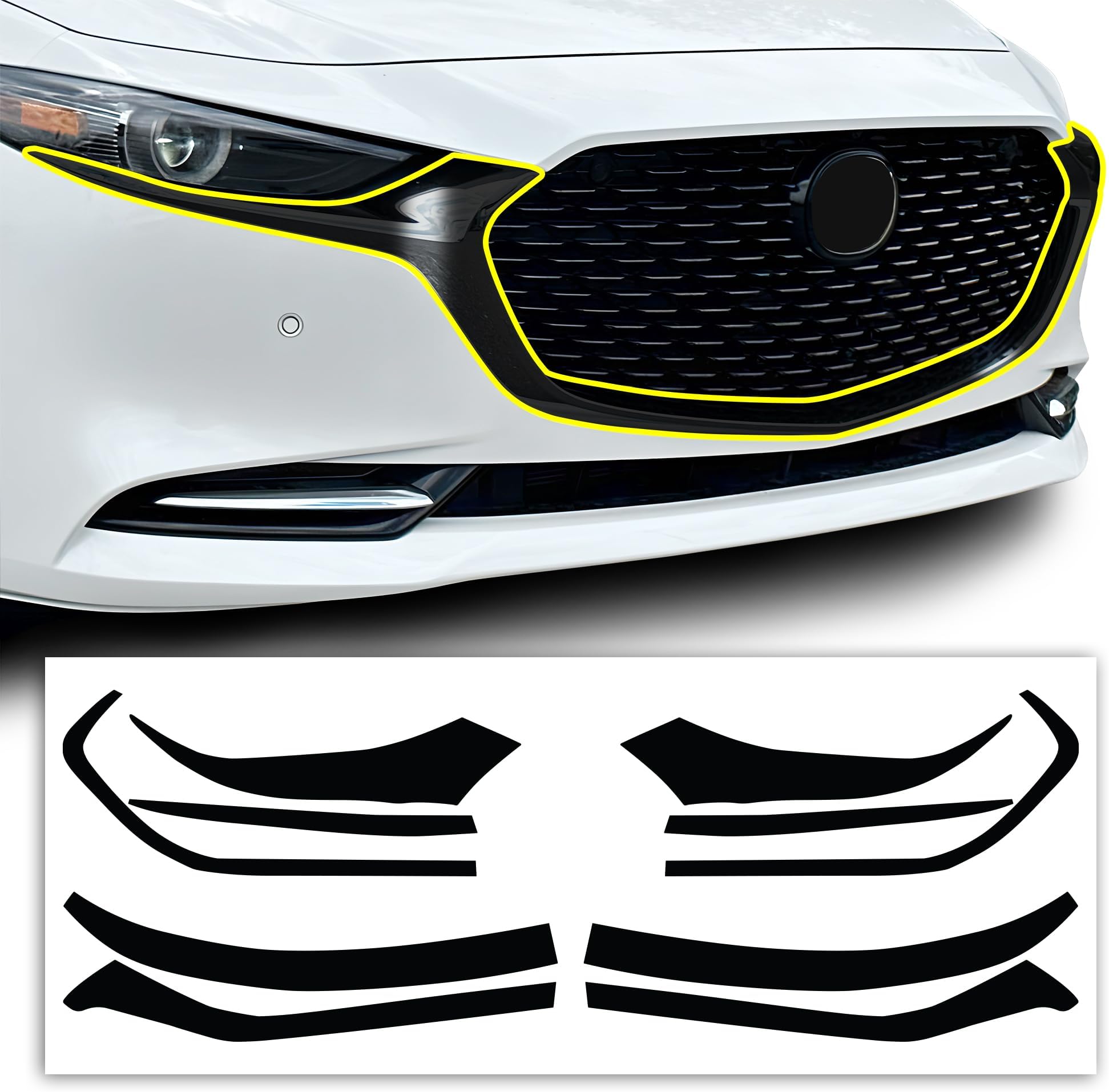 for Mazda 3 2019-2026 Front Chrome Delete – Precut Vinyl Overlay Kit, Gloss Black Blackout Trim