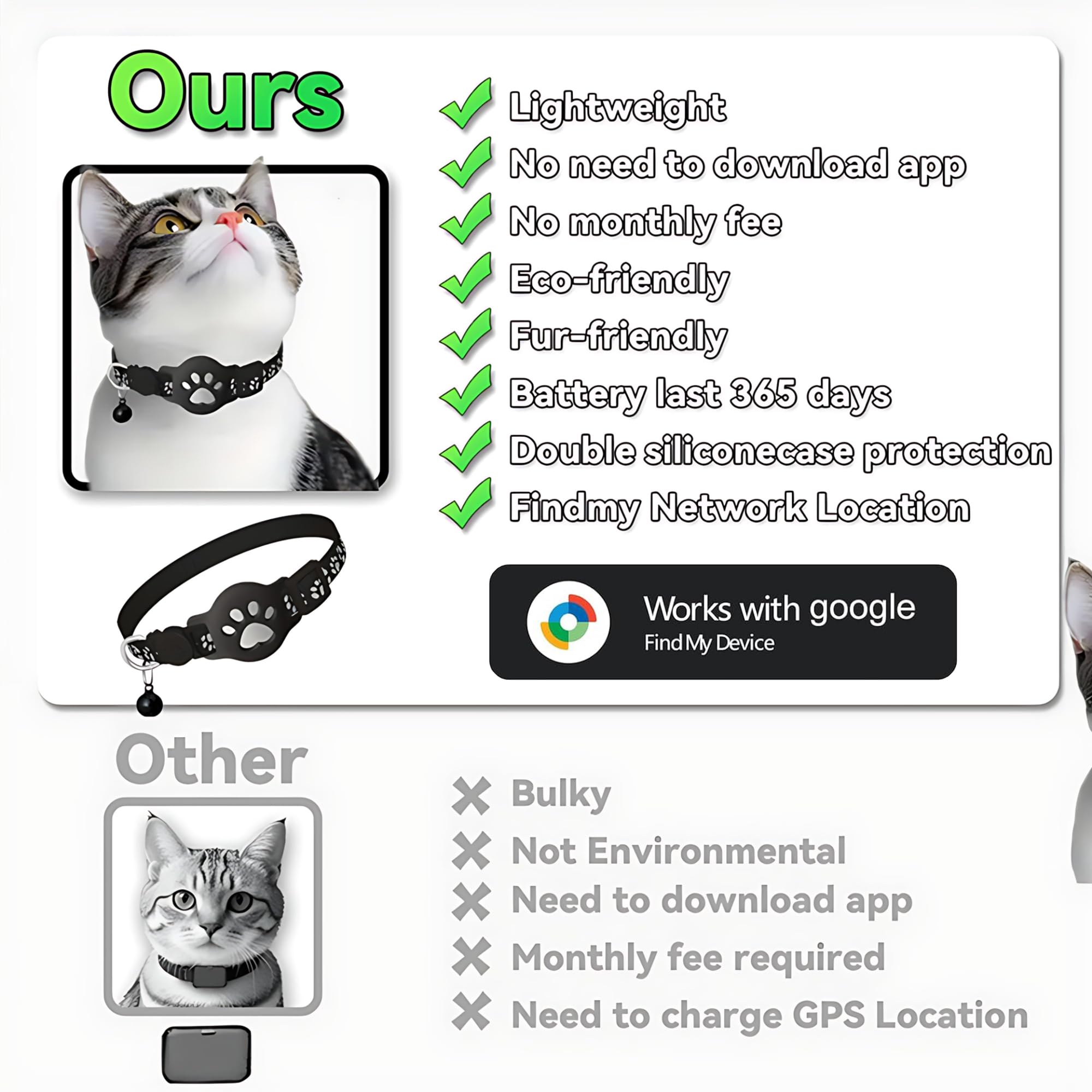 Cat Gps Collar, Gps for Cats Without SIM Without Subscription, GPS Locator for Cat, Works with Google, Find My (Android Only) (Collar + White Tracker) - 3