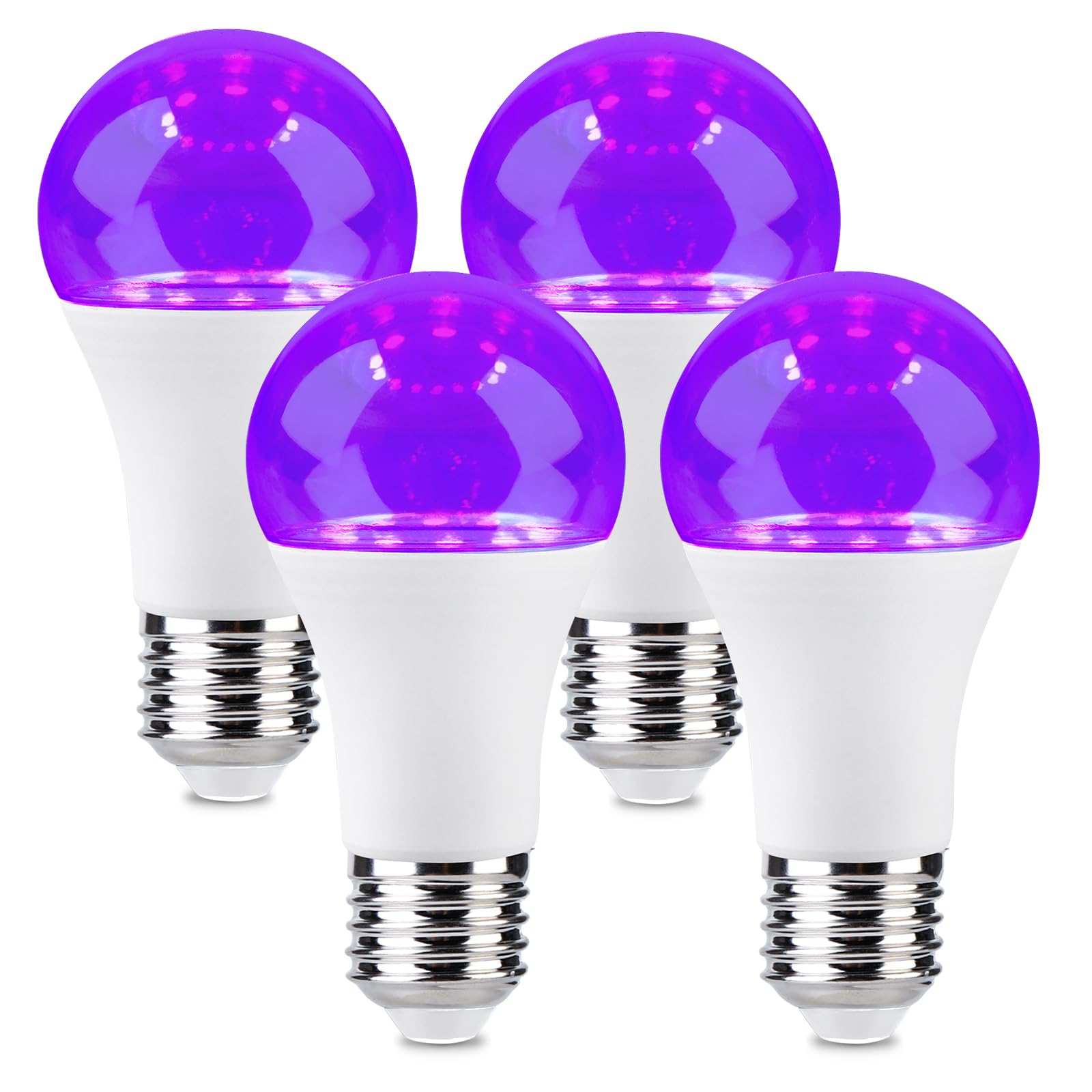 BORDEAG Żarówka UV LED, zestaw 4 żarówek E27 o mocy 9 W, lampa ultrafioletowa LED, fioletowa lampa ultrafioletowa UV-A, czarna żarówka UV, na festiwale, imprezy, bary