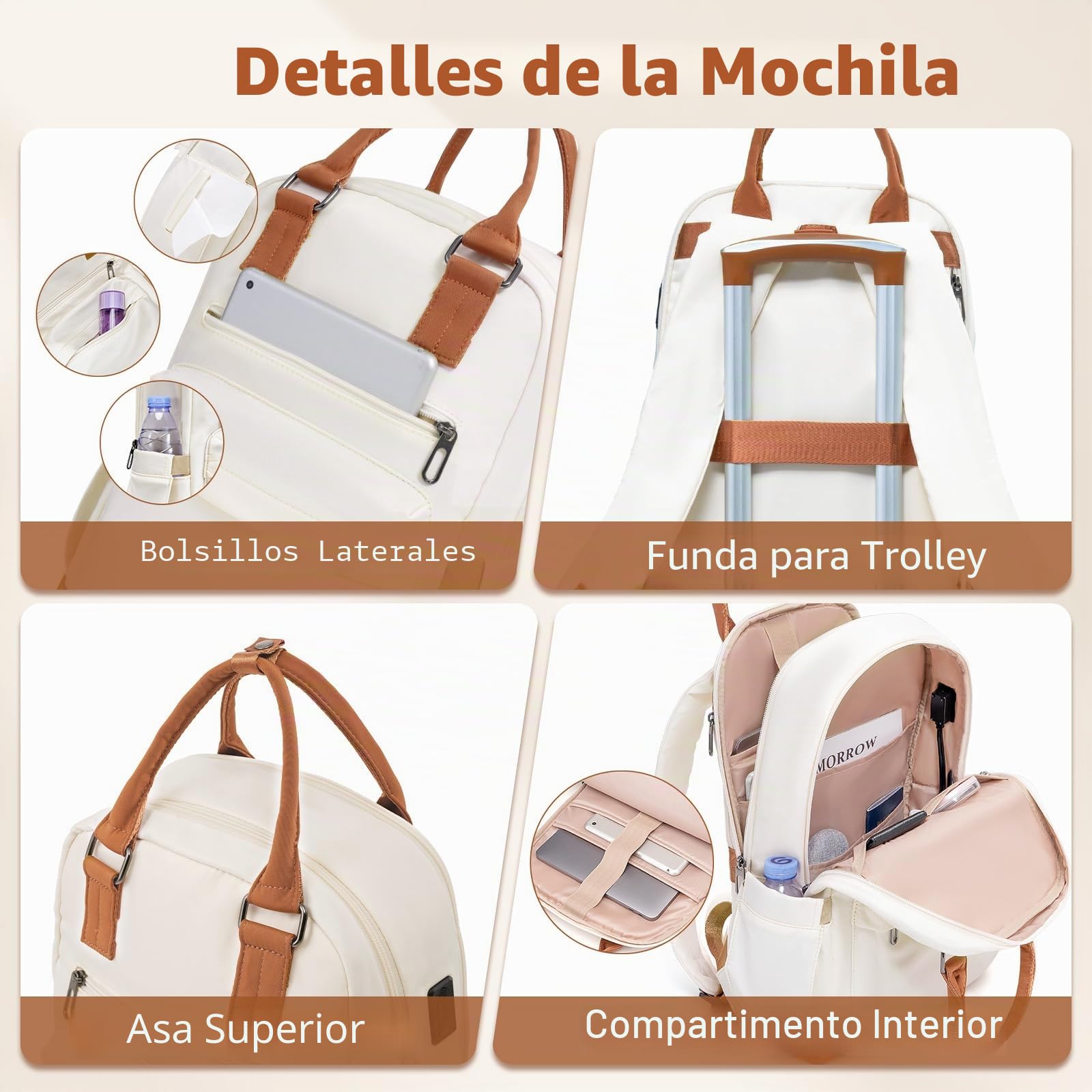 COOLIFE Juego de Maletas 5 Piezas, 20"+24"+28" Maletas para Viaje Familiare | Maleta de Viaje con Cerradura TSA y Ruedas Giratorias de 360°, Juego Maletas de Viaje con Mochila y Neceser (Blanco/Marrón)