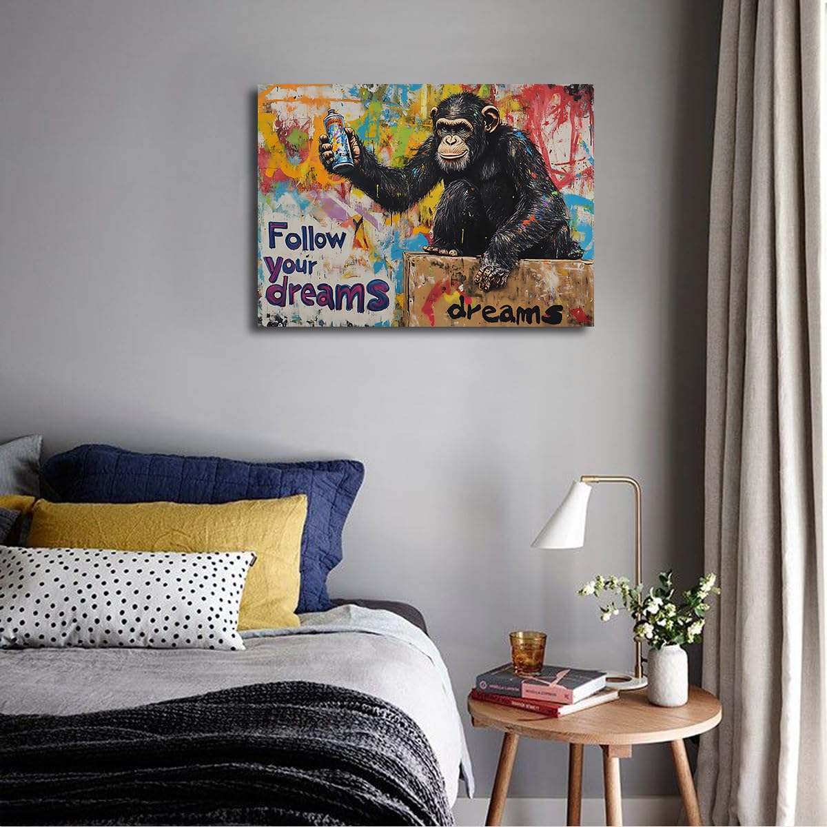 YUNART Graffiti Street Art Wall Art Na Płótnie Urban Pop Śmieszne zdjęcie Goryl Galeria Oprawiona Małpa Dekoracja ścienna Zdjęcia do biura Dekoracja wnętrz 65 x 100 cm