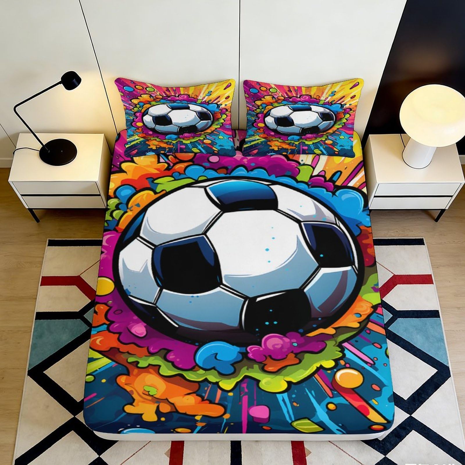 3D Printed Colorful Soccer Ball Fitted Sheet Microfiber Soft Breathable Vibrant Football Bed Cover for Bedroom Dormitory Guest Room Mattress Protection 140x200x25cm