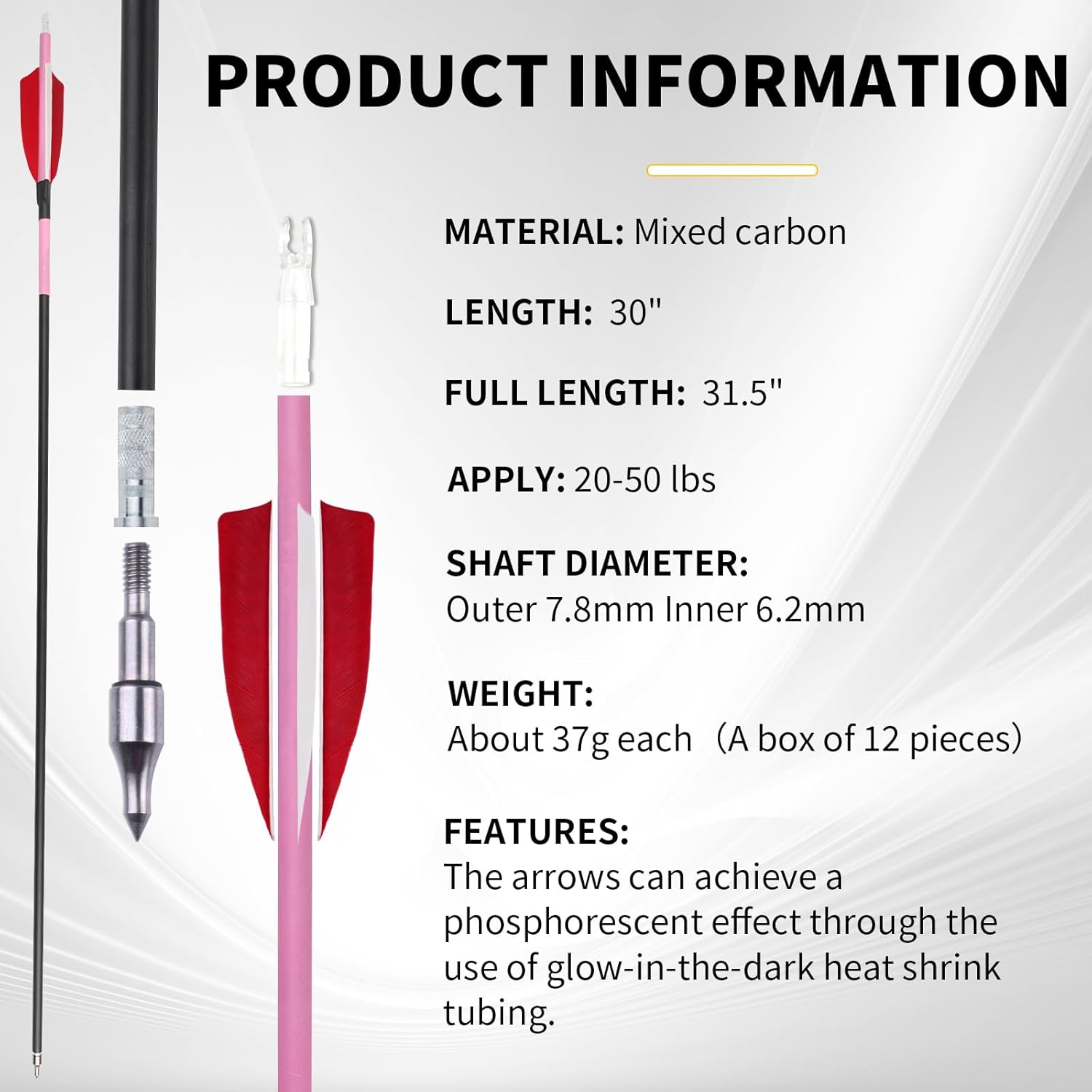 30 Inch Carbon Arrow Practice Hunting Arrow, Glow in Dark, Detachable Tip, for Composite and Recurve Bows, 12 Pack