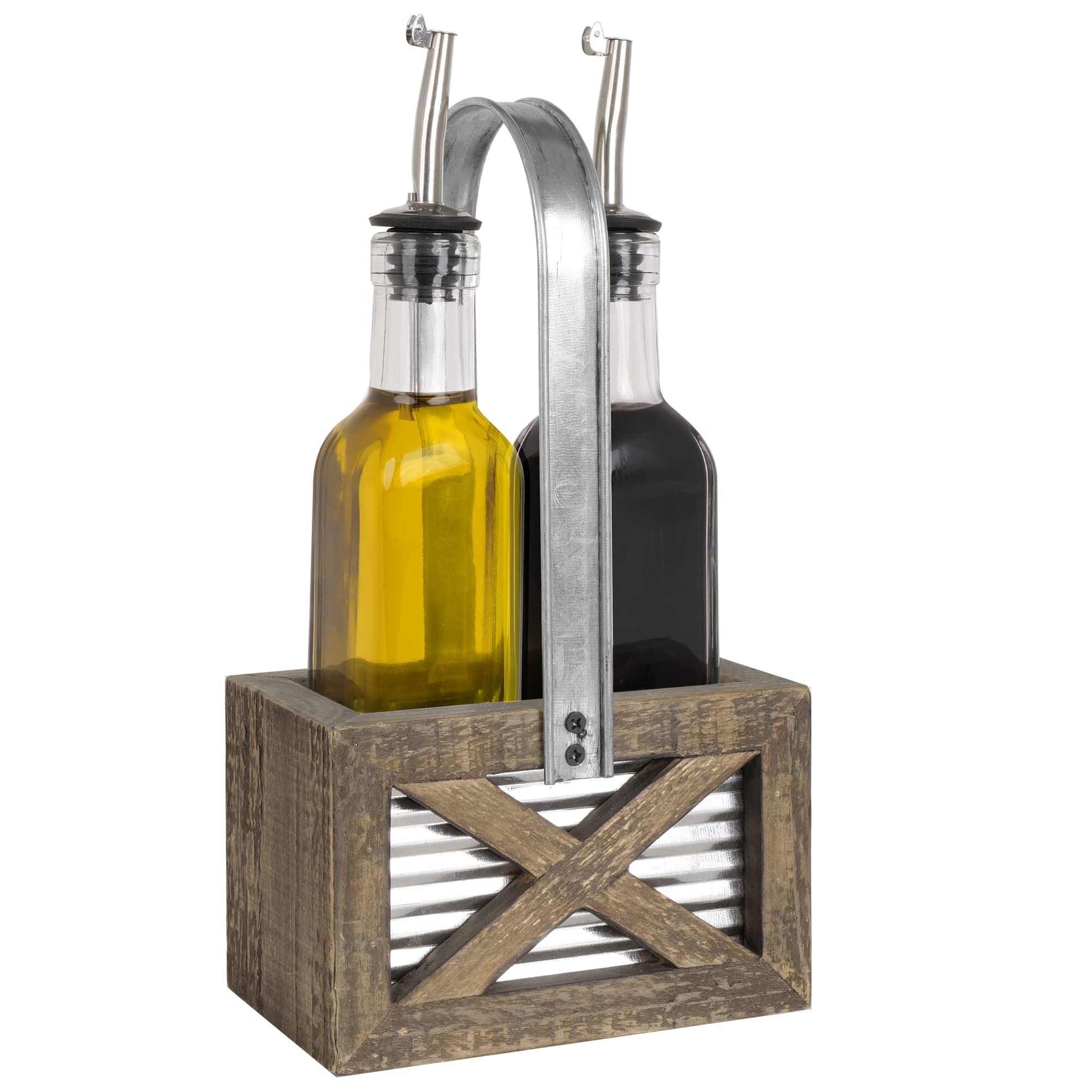 Autumn Alley Rustic Farmhouse - Juego de dispensador de aceite y vinagre – Juego de soporte para aceite y vinagre, juego de madera desgastada, metal galvanizado, adorable decoración rústica de cocina,