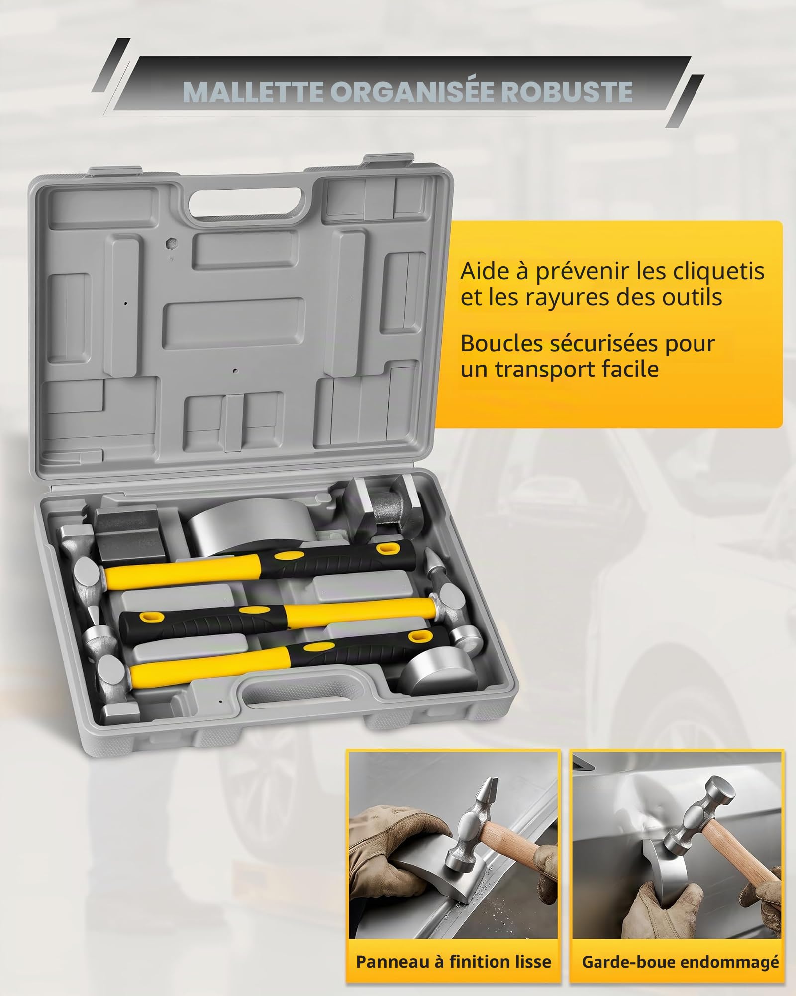 DAYUAN Kit de réparation de carrosserie en 7 pièces avec marteau et chariot - Ensemble de marteaux pour réparation de carrosserie avec étui de rangement
