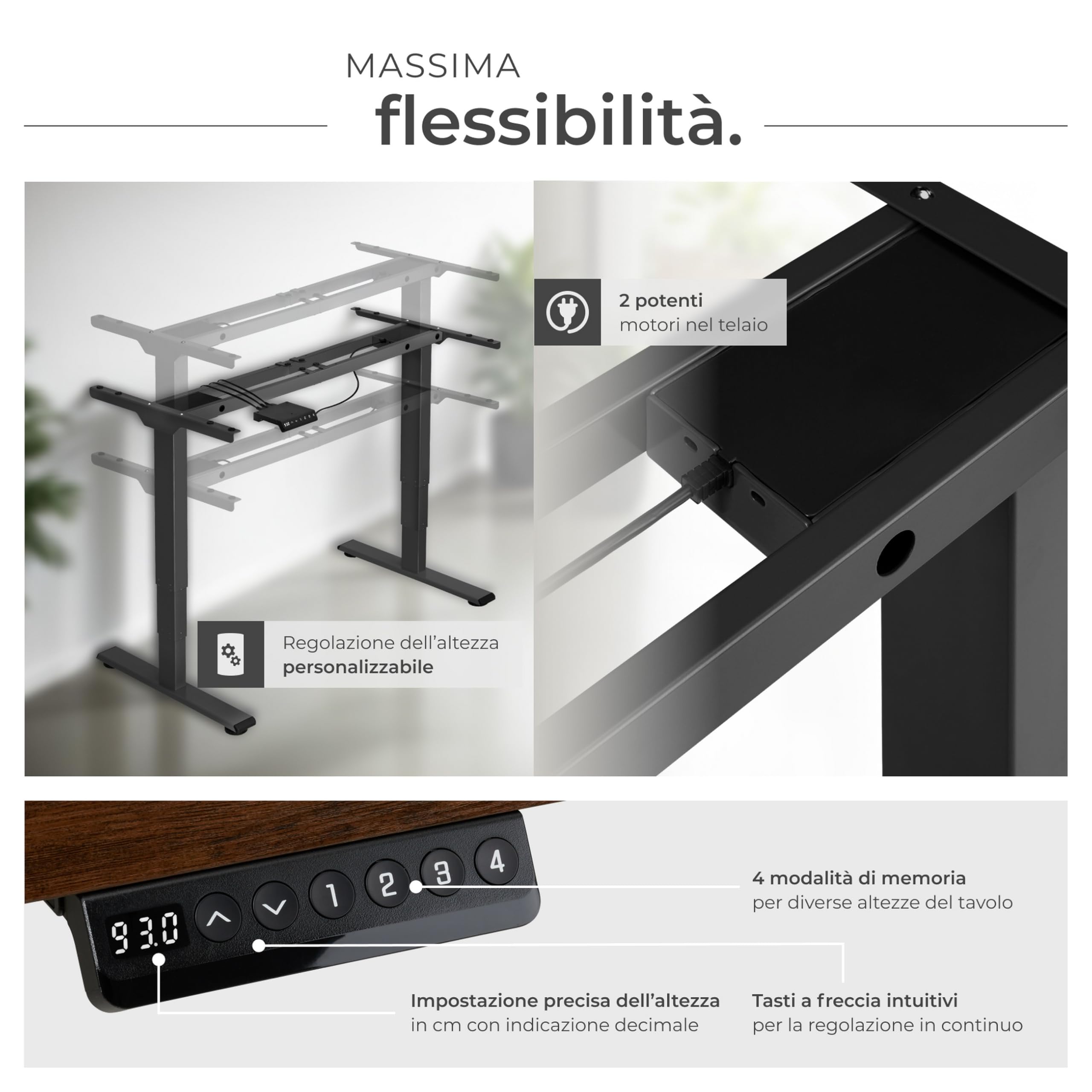 tectake® Telaio per Scrivania Regolabile in Altezza, 110-168 x 60 x 60-125 cm, 2 Motori Elettrici 52W cad, Memoria Posizioni, Tavolo Ufficio, Scrivania Gaming, Studio, Capacità max 100 kg - Nero