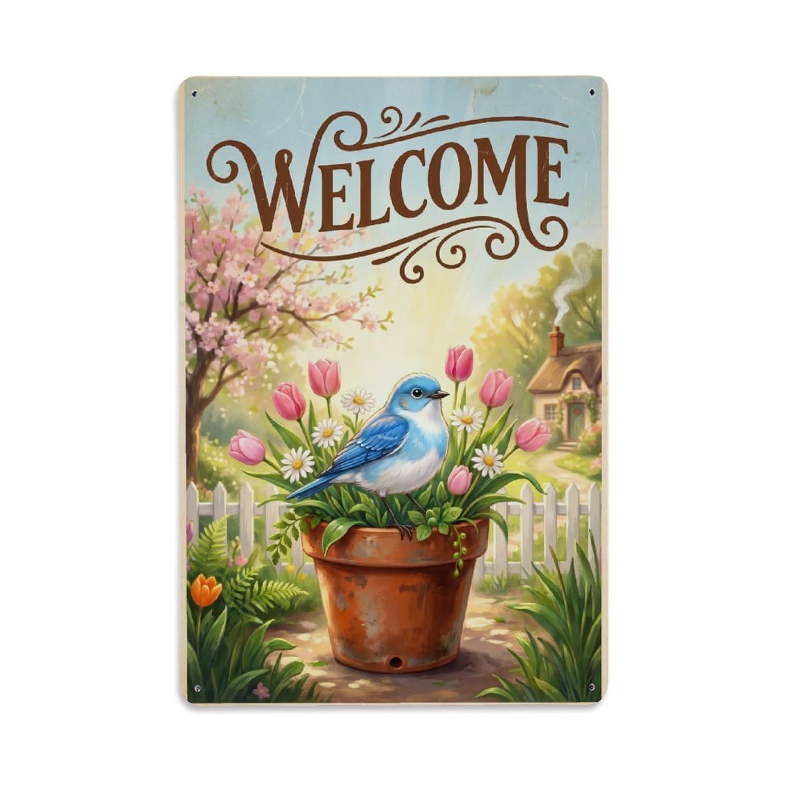Cxhjca 8X12inch(20X30cm) Vintage Welcome Bluebird Blooming Season Metal Tin Sign