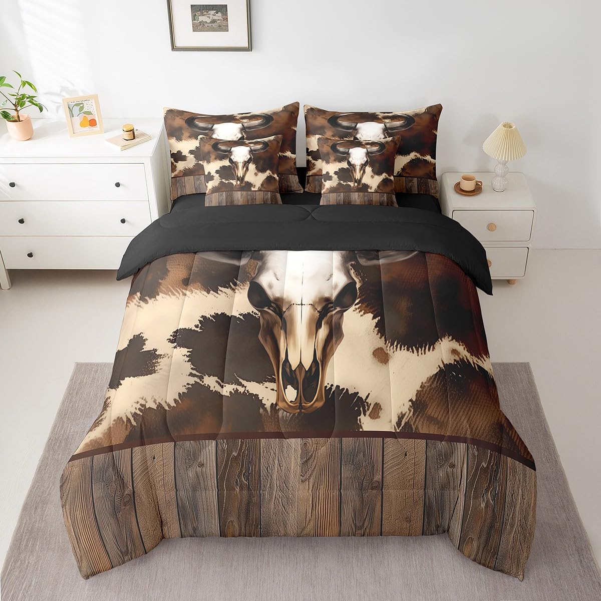 jejeloiu Western Decor Comforter Set with Sheets Twin Size Cow Skull Bed in a Bag Set for Boys Girls Teens Cow Fur Print 7 Pieces Bedding Set Western