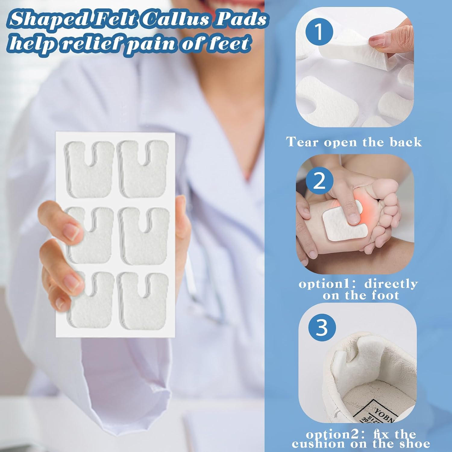 Threlaco 60 Pads U-Shaped Felt Callus Pads Thick Callus Cushions Adhesive Metatarsal Foot Forefoot Horseshoe for Feet Pain Relief, Keep Calluses from Rubbing on Shoes for Men Women
