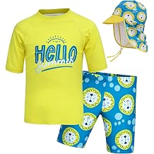 LUCKYLI Boys Swim Set UPF 50+ Shirt, Sun Hat & Trunks, 4-Way Stretch Quick Dry, Sublimation Print, for Beach & Water Park
