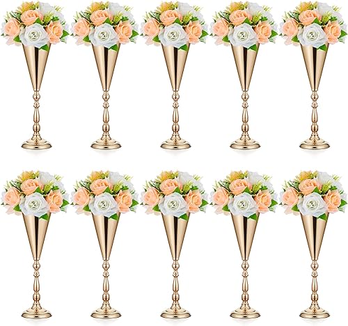 Amylove 10 jarrones dorados para centros de mesa, soporte de flores de boda a granel, jarrón de metal de 16.5 pulgadas de alto, para boda,