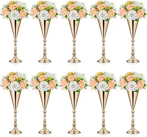 10 Pcs Gold Vase Bulk Wedding Centerpiece Table Decorations Metal Flower Arrangement Stand for Reception, 16.5 Inch Trumpet Tall Flower Vase for Birthday, Weddings, Anniversary, Home Decoration