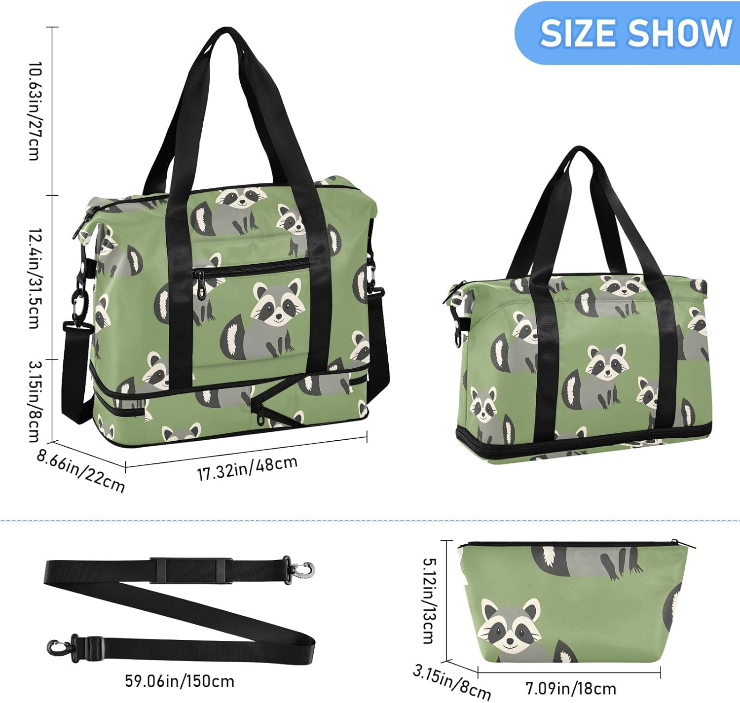 Travel Duffel Gym Sports Luggage Bag Expandable Large Capacity Raccoon Green Sports Bag for Women and Men
