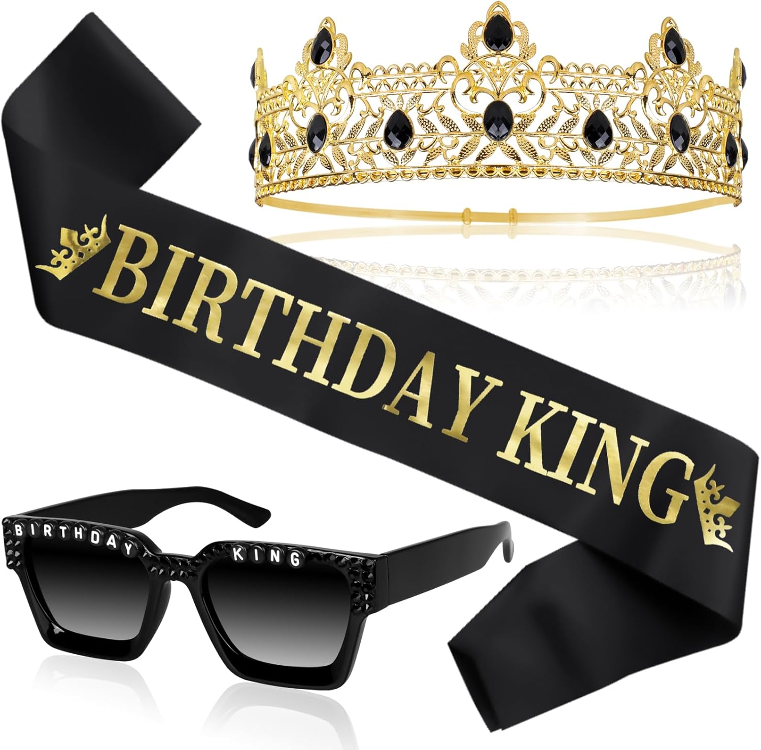 Edussy 3 pcs Black Birthday Decorations for Men Set,Happy Birthdays Sunglasses ,Gothic Birthdays King Crown and Sash for Birthday Gifts for Men and Him