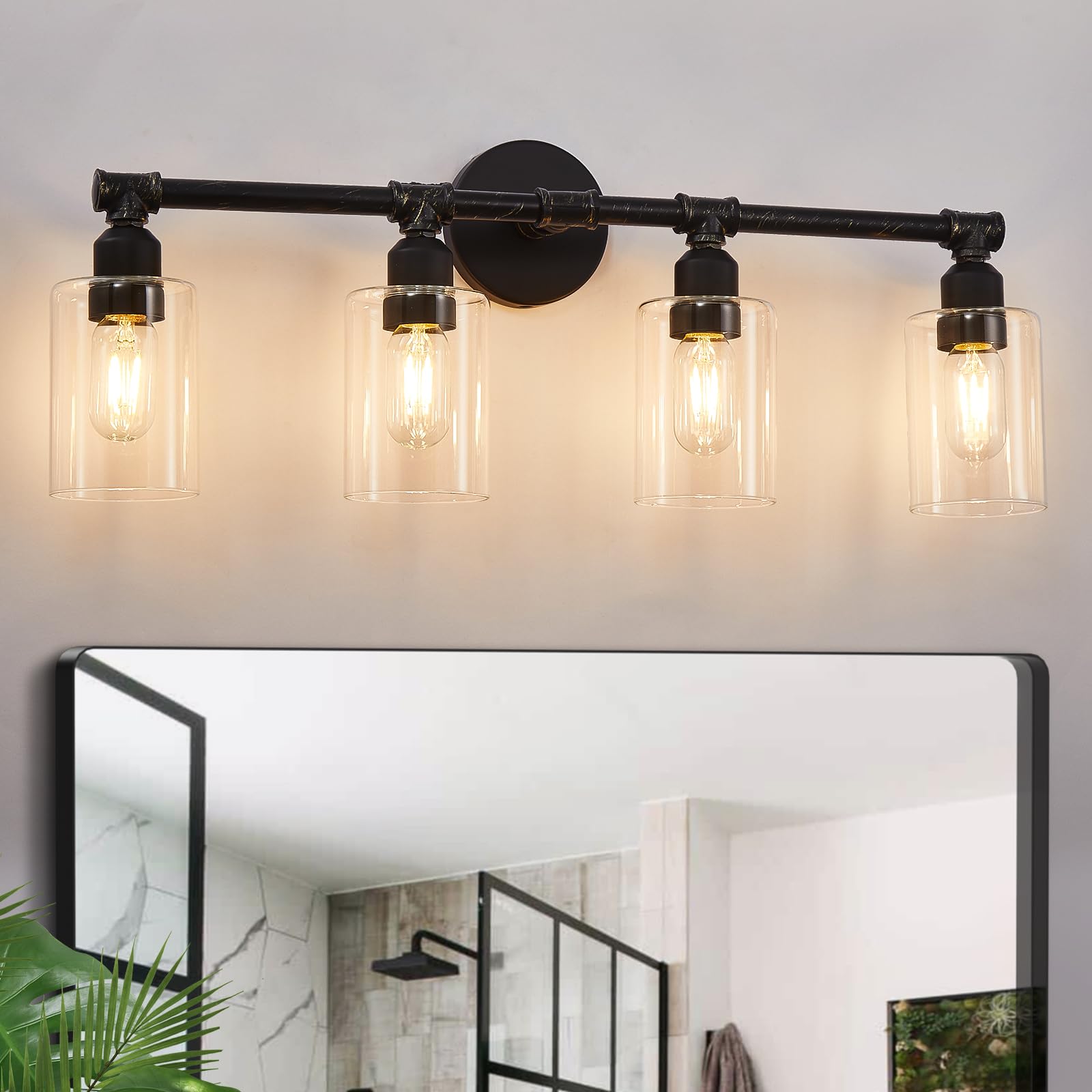 Buevea 4 Light Bathroom Light Fixtures, Black and Gold Vanity Light Fixtures Over Mirror, Modern Bathroom Vanity Light Wall Sconces with Clear Glass Shade for Bathroom Living Room Hallway