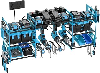 Power Tool Organizer with 6 Way Extension Lead,Large Tools Charging Station,8 Power Drill Tools Heavy Duty Drill Holder Wall Mounted Rack Utility Metal Tool Shelf Storage Organiser for Garage (Blue)