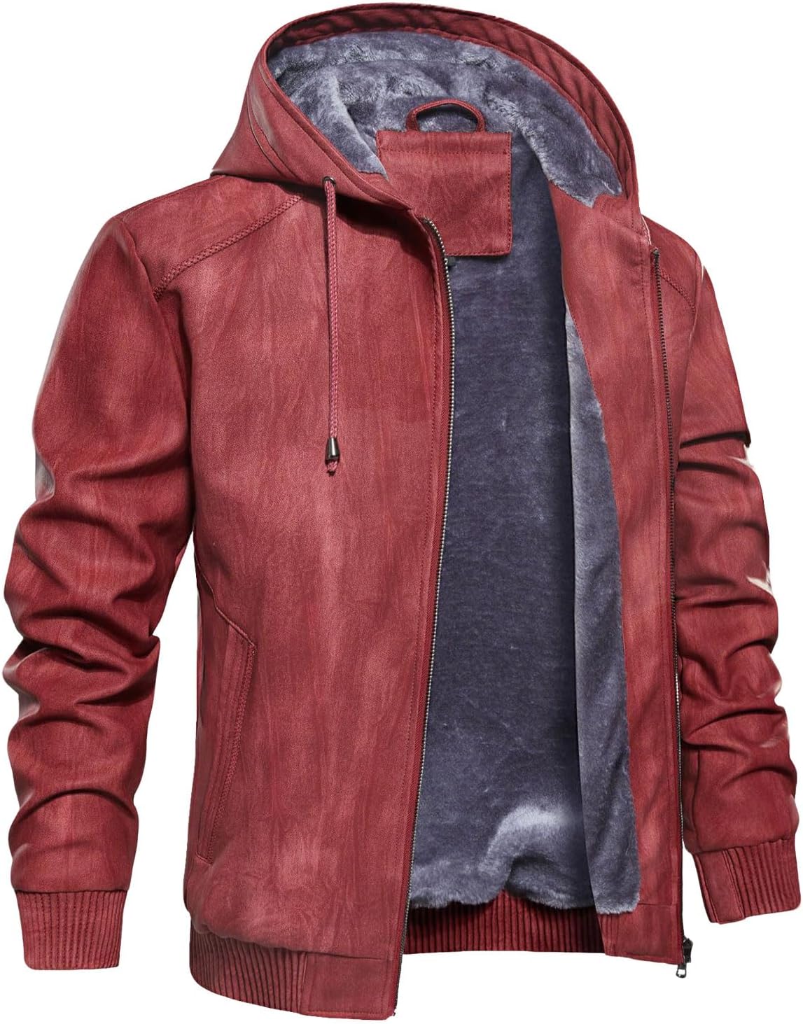 INVACHI Men's Faux Leather Jacket, Hooded Fleece Lined Motorcycle Bomber Jacket