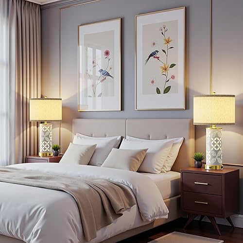 Miniatura 6 de Juego de 2 lámparas de mesa de cerámica, luz dual UpDown con USB C+A, lámpara de dormitorio de 22 pulgadas y lámpara al lado con 3 temperaturas de