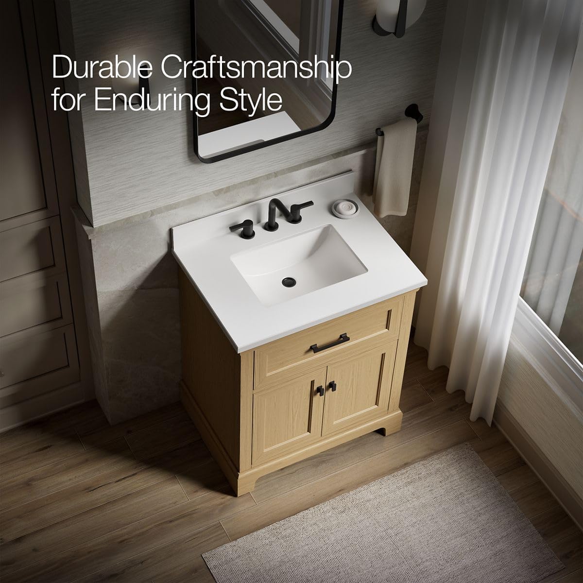 Kohler Charlemont 30" Bathroom Vanity Cabinet with White Sink and Quartz Top, Modern Bathroom Storage, Light Oak, K-29260-BD1-WEK