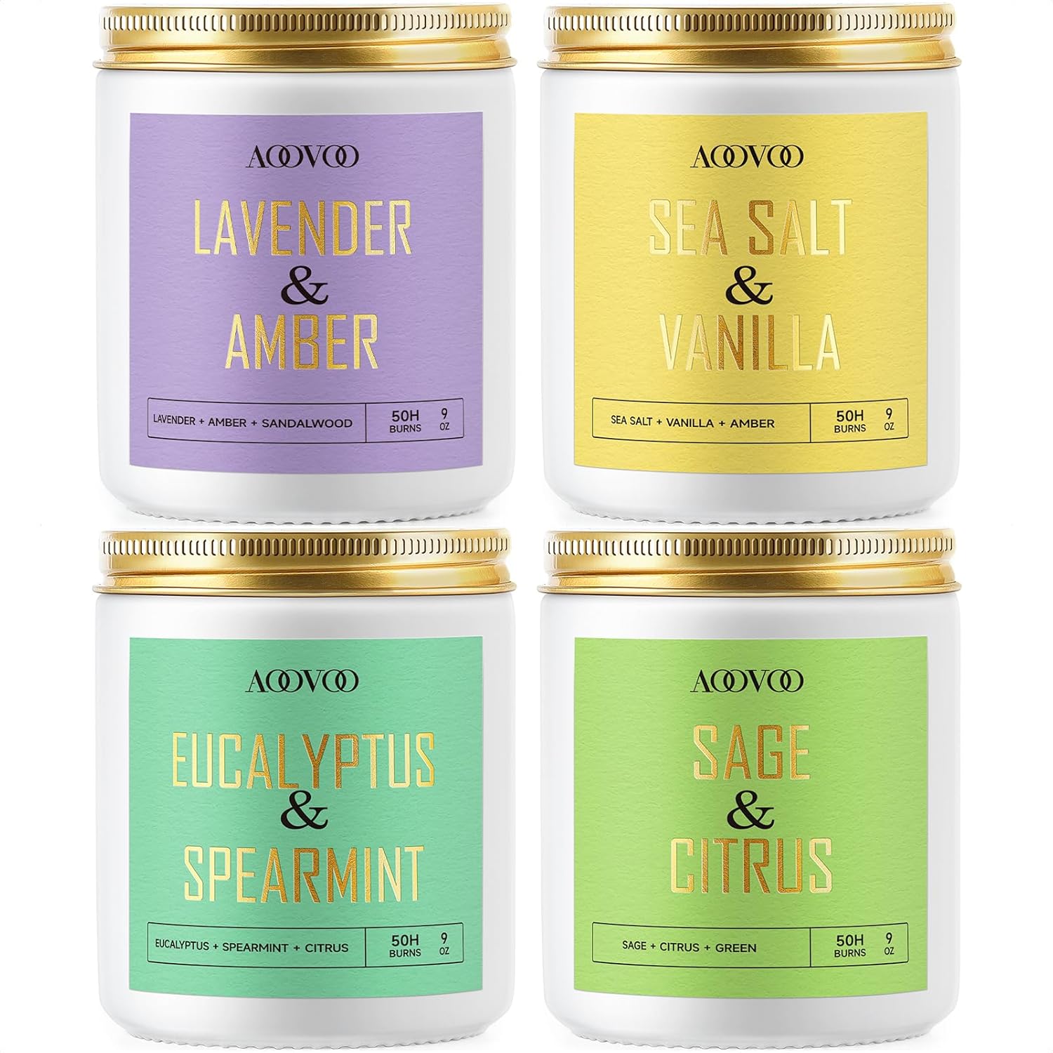 AOOVOO Scented Candles Set – Lavender/Vanilla/Sage/Eucalyptus, Wood Wick Candles, Candle for Home Scented – 4 Pack Soy Candle Gifts