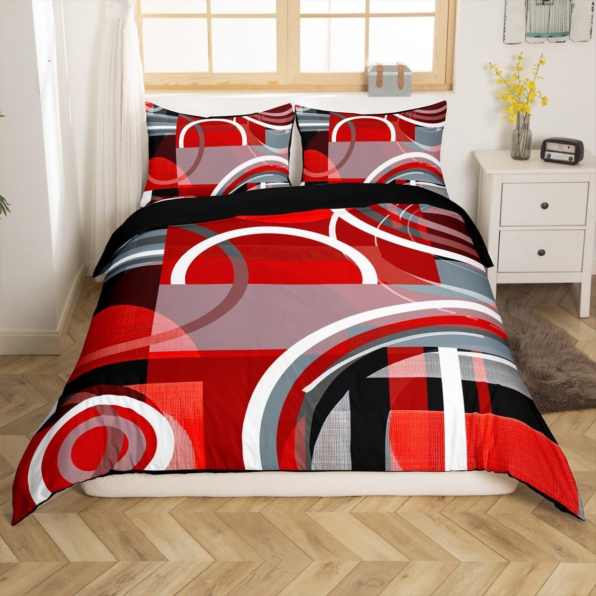 jejeloiu Boys Girls Red Black Gray Bedding Set Toddler Size, Duvet Cover Kids Geometric Round Ball Comforter Cover Teens Bedroom Decor Quilt Cover 2Pcs (No Comforter)