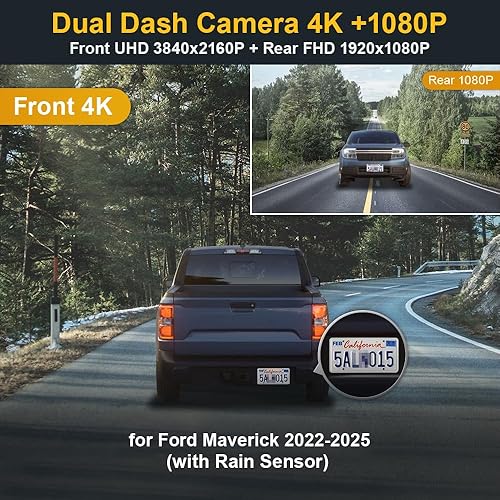 Miniatura 2 de Fitcamx Cámara de tablero delantera 4K+trasera 1080P para Ford Maverick 2022-2024 (con sensor de lluvia), estilo de fábrica OEM, video HD dual, WiFi