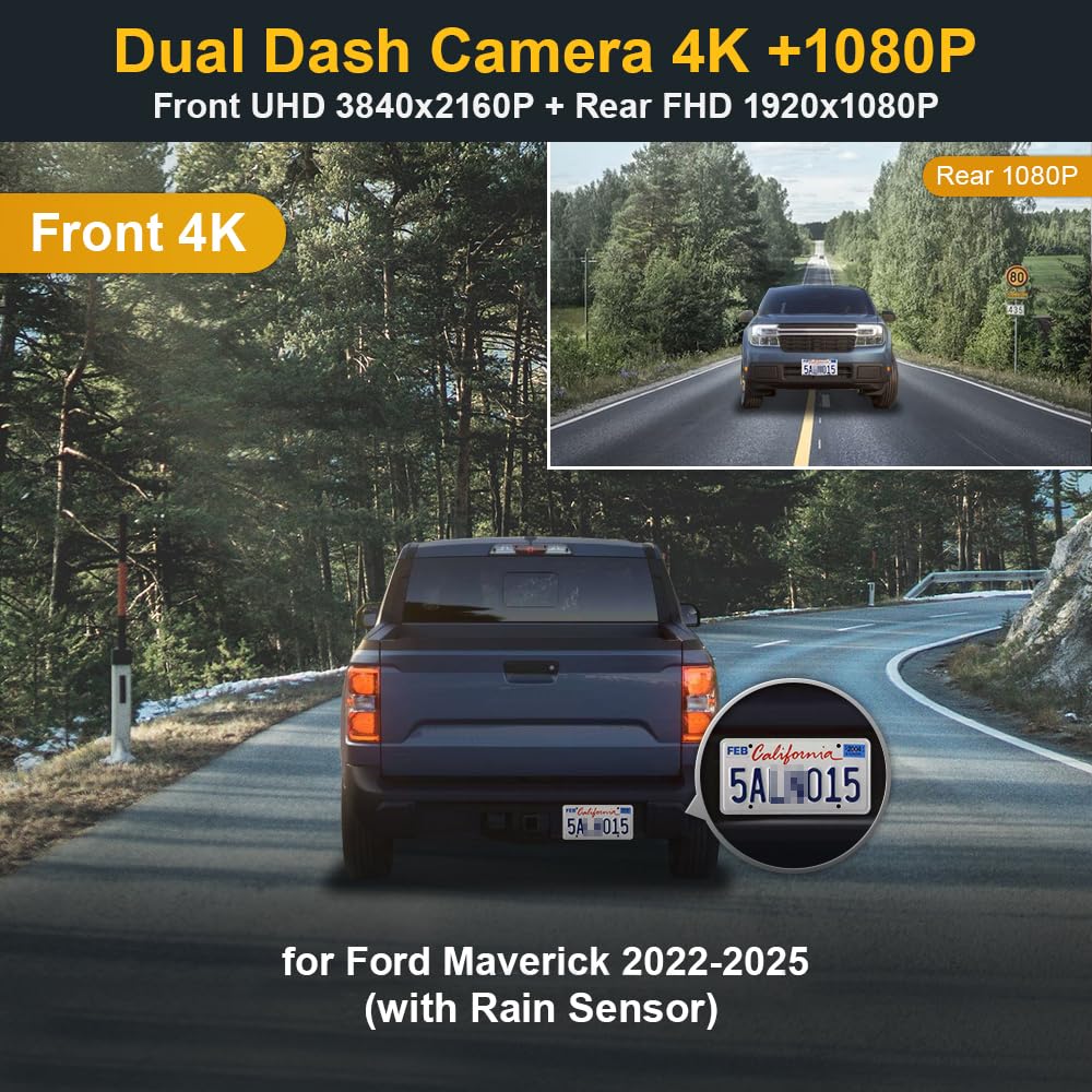 Fitcamx Front 4K+Rear 1080P Dash Cam for 2022-2025 Ford Maverick (with Rain Sensor), OEM Factory Style, Dual HD Video, Built-in WiFi & APP, Loop Recording, Collision Sensor, Easy to Use, 128GB Card