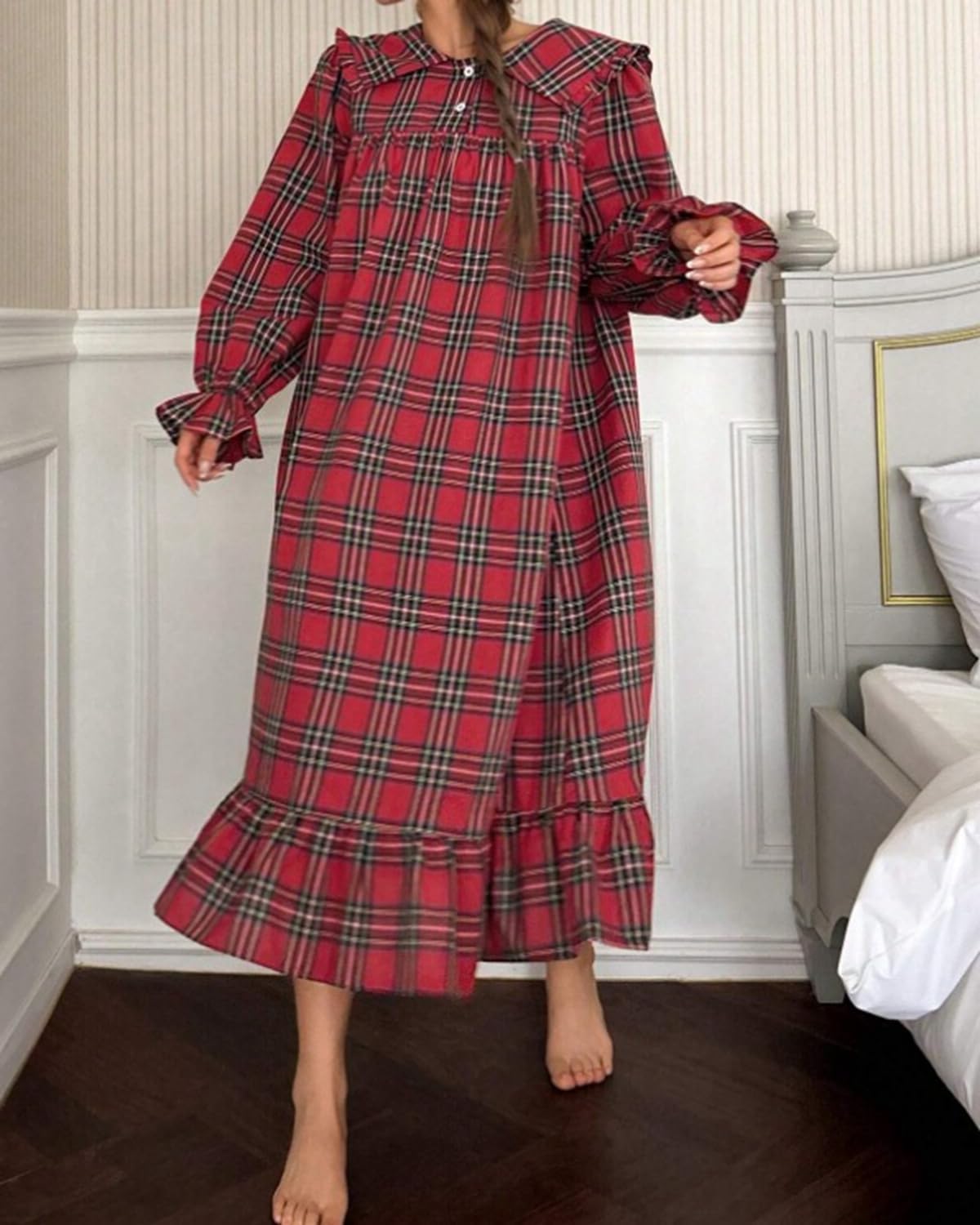 codcm Women's Nightgown Cute Babydoll Sleepshirts Long Sleeve Mid Length Loungewear Plaid Sleepwear with Ruffle