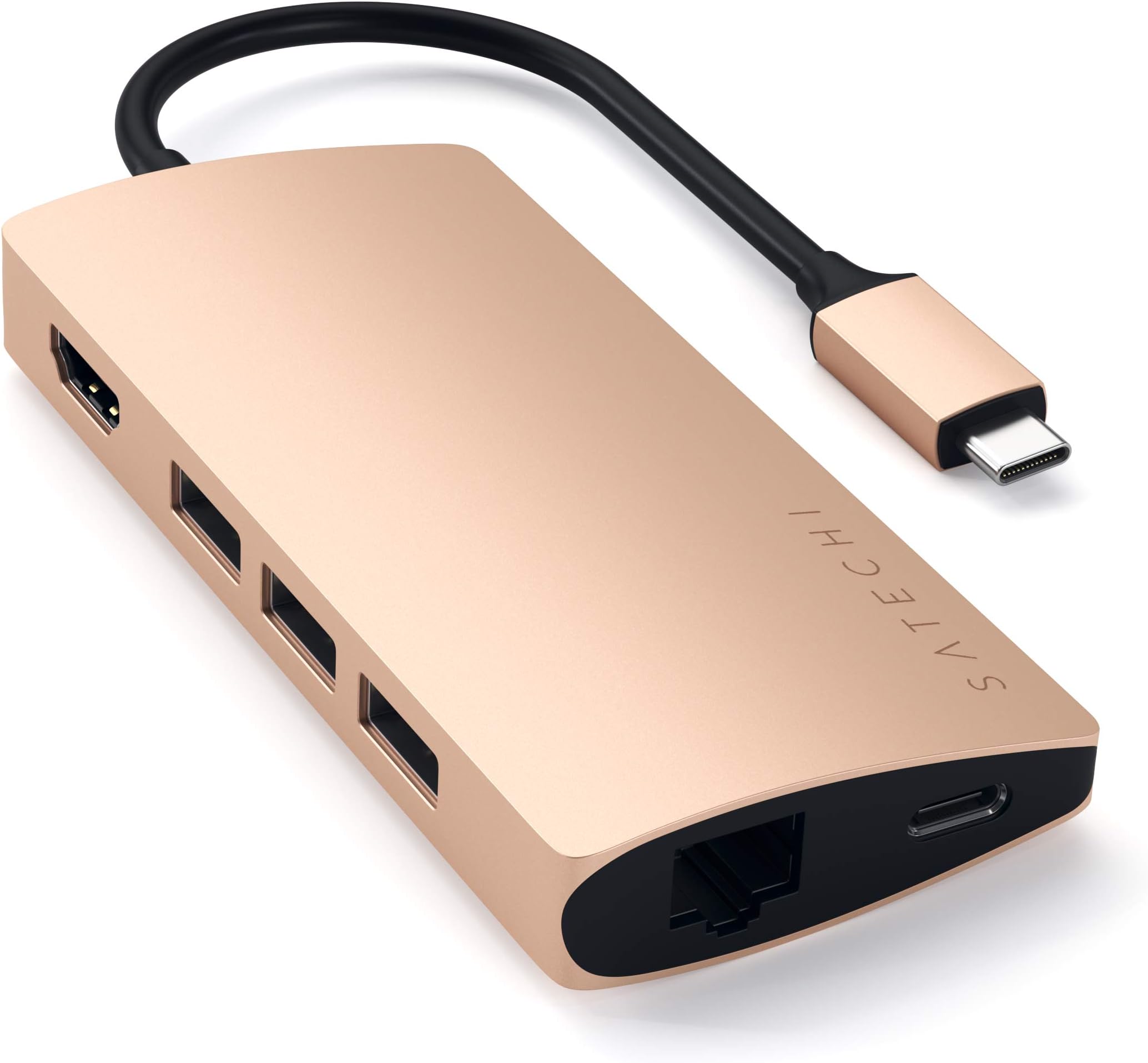 Satechi Aluminum Multi-Port Adapter V2-4K HDMI (60Hz), Gigabit Ethernet, USB-C Charging, SD/Micro Card Readers, USB 3.0 - Compatible with 2020 MacBook Pro/Air M1 (Gold)