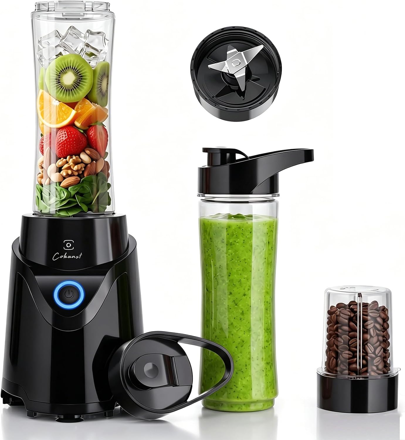 Cokunst Smoothie Blender, Personal Blender for Shake and Smoothies, Single Serve Smoothies Maker Mixer with 2 x Portable Cups 20oz & 1x 10oz for Kitchen, Black