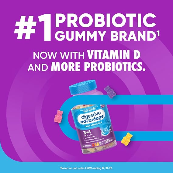 Digestive Advantage Probiotics For Digestive Health, Probiotic Gummies & Vit D, Daily Probiotics For Women &Men Occasional Bloating, Minor Abdominal Discomfort & Gut Health, 80ct Natural Fruit Flavors