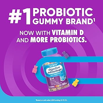 Digestive Advantage Probiotics For Digestive Health, Probiotic Gummies & Vit D, Daily Probiotics For Women &Men Occasional Bloating, Minor Abdominal Discomfort & Gut Health, 80ct Natural Fruit Flavors