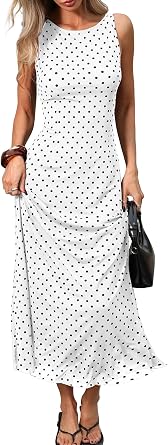 ELLEVEN Womens Polka Dot Maxi Tank Dress Fitted Elegant Long Dress