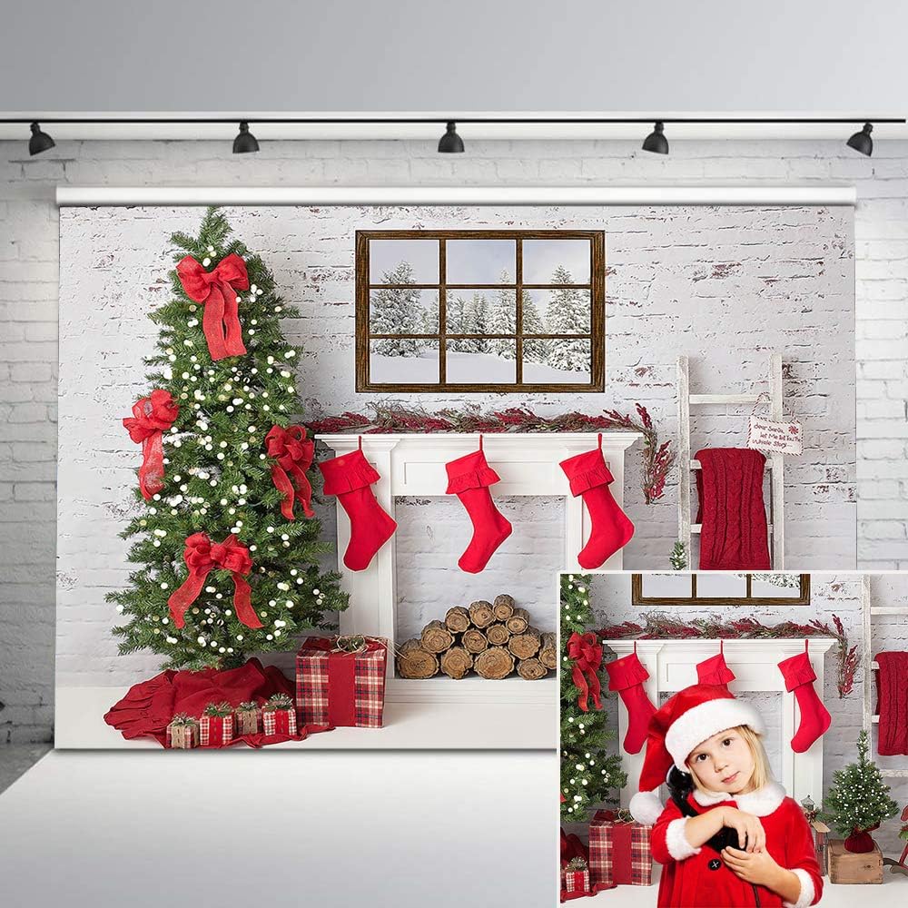 Avezano Christmas Fireplace Backdrop Red Christmas Stocking Vintage Wall Xmas Tree Photography Background 7x5ft Winter Holiday Family Newborn Baby Children Kids Backdrops for Photographers (10x8)