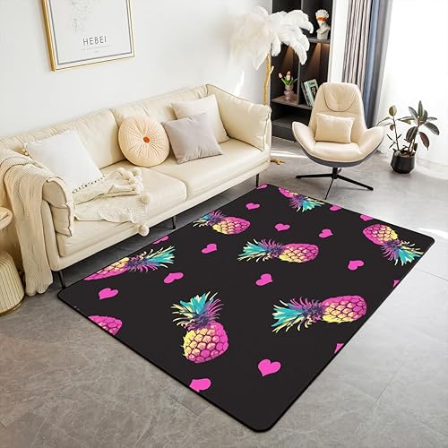 Bonita alfombra de área de piña fresca, con diseño de piña fresca, alfombra decorativa de corazón rosa de piña para sala de estar, dormitorio,