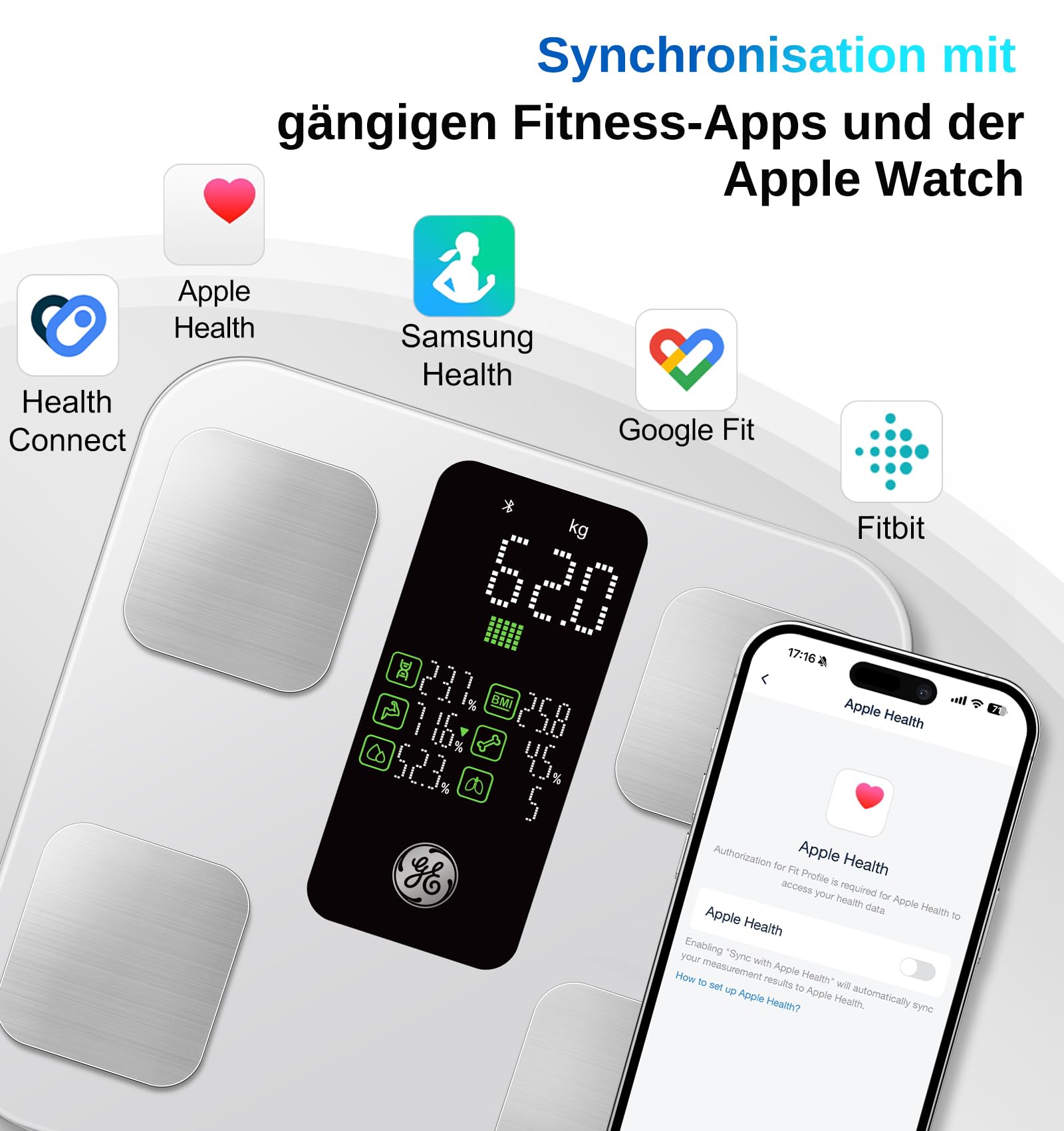GE Bilancia pesapersone digitale con grande display, bilancia intelligente con grasso corporeo e massa muscolare, con app, 14 misure corporee, BMI, Bluetooth, fino a 180 kg, bianco