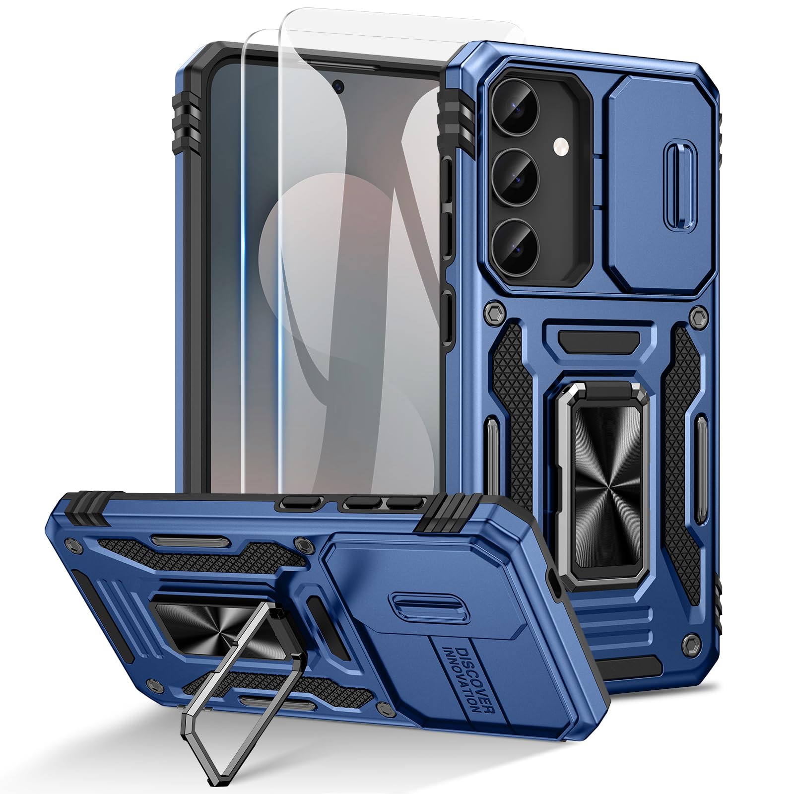 Doeshine für Samsung Galaxy S25 FE Hülle, Handyhülle mit 2 Stück Displayschutzfolie & Ring Ständer, Kameraschutz, Robust Fallschutz Outdoor Militär Schutzhülle für Samsung Galaxy S25 FE (Blau)