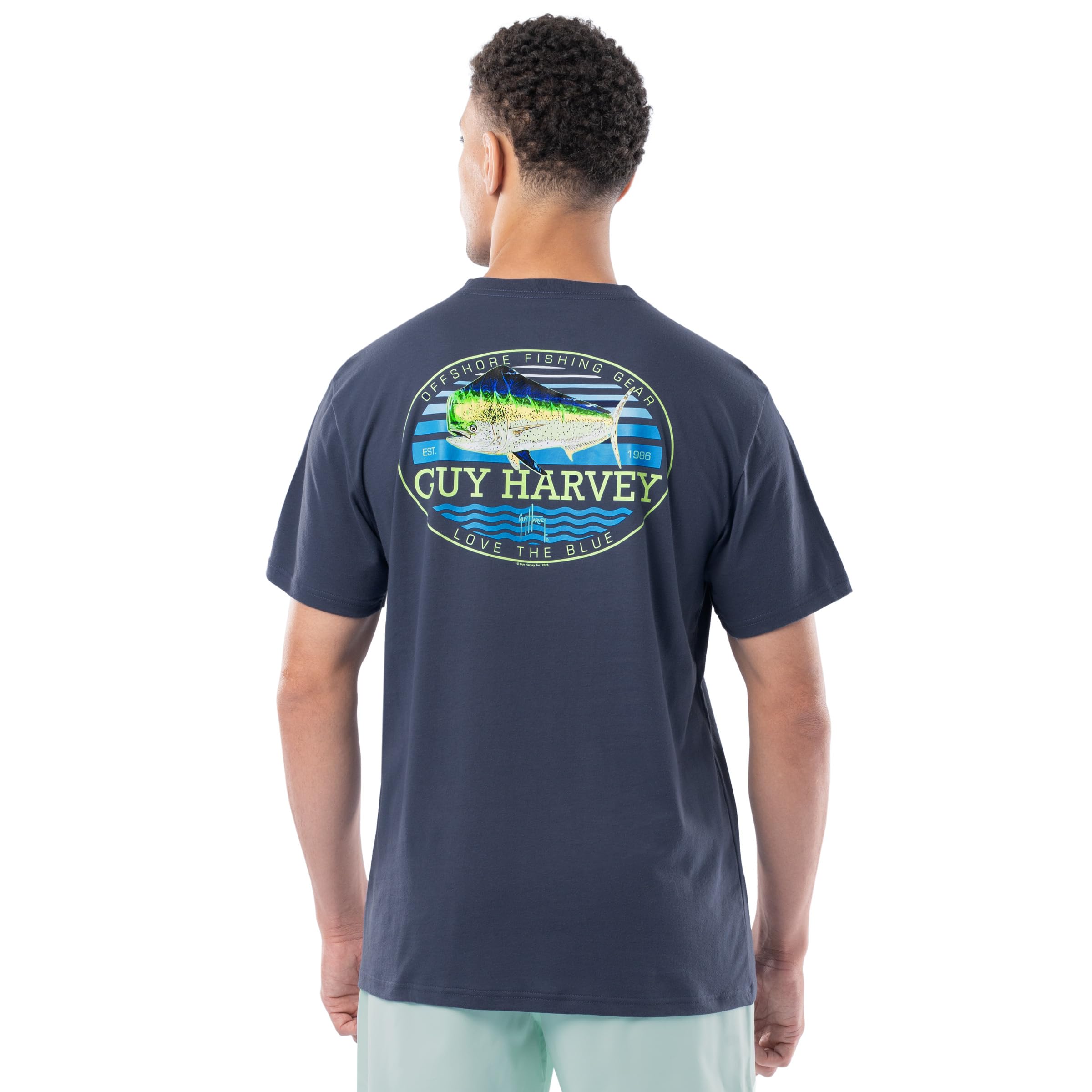 Guy Harvey Men’s Billfish Collection Short Sleeve Pocket T-Shirt, Crown Blue/Retro Style Mahi, XXL