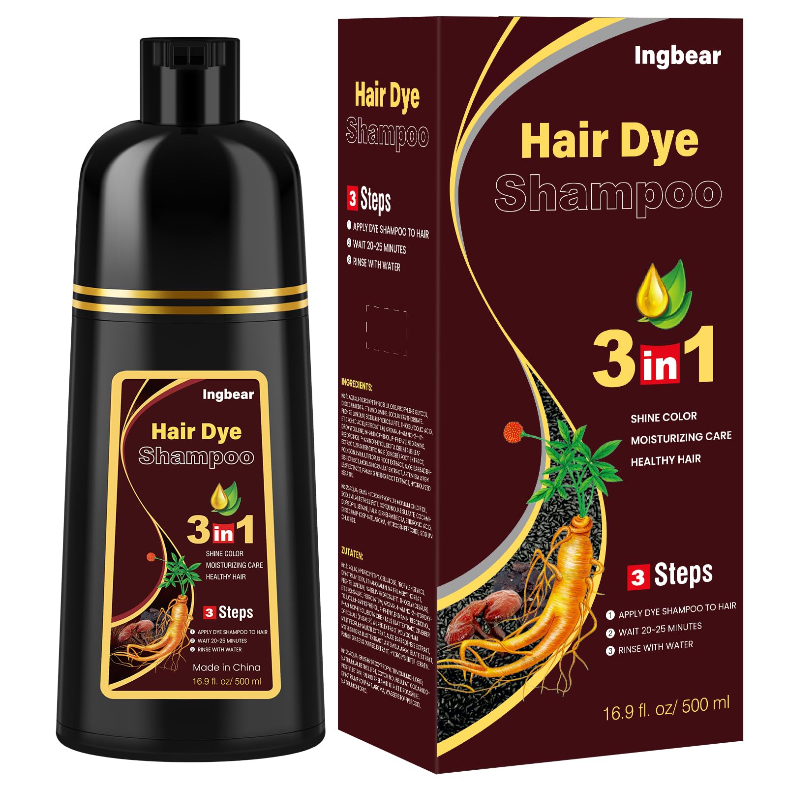 Shampoo 500ml per capelli di colore marrone scuro, per capelli grigi, shampoo istantaneo per uomini e donne, shampoo a colori naturale e a lunga durata, shampoo per capelli 3 in 1, shampoo per capelli