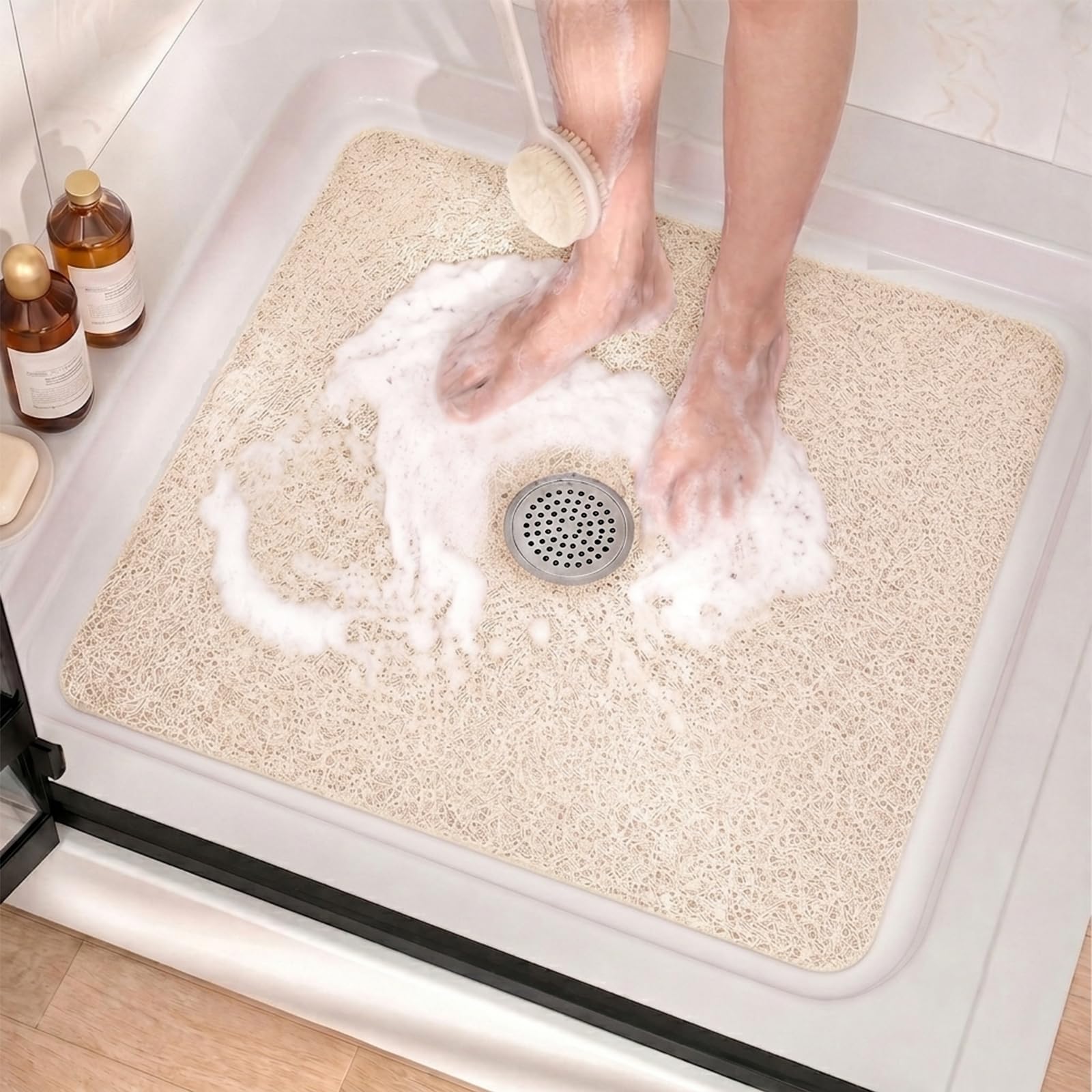 Loofah Shower Mats with Drain Hole in Middle for Inside Bath 60x60CM Beige