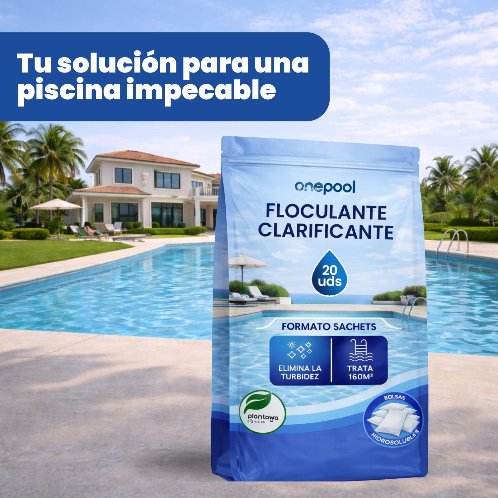 PLANTAWA Flocculante in polvere 20 bustine | Flocculante Chiarificante per Piscine, Equivale 2,5 KG, Eliminatore Turbidità, con Ingredienti Origine Vegan, Tutti i Tipi Piscine, SPA