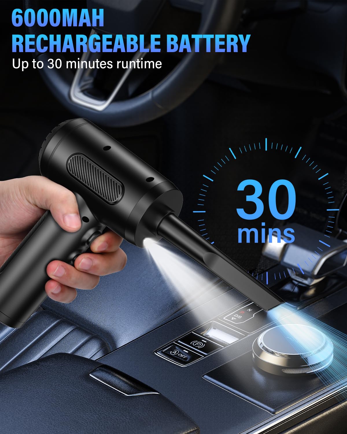 Soufflette Air Comprimé, 3 Vitesses 91 000 tr/min Bombe Air Sec Souffleur PC, Depoussierant Ordinateur Rechargeable par USB Avec Batterie 6000mAh pour Ordinateur Portable, Clavier, Voiture, Canapé