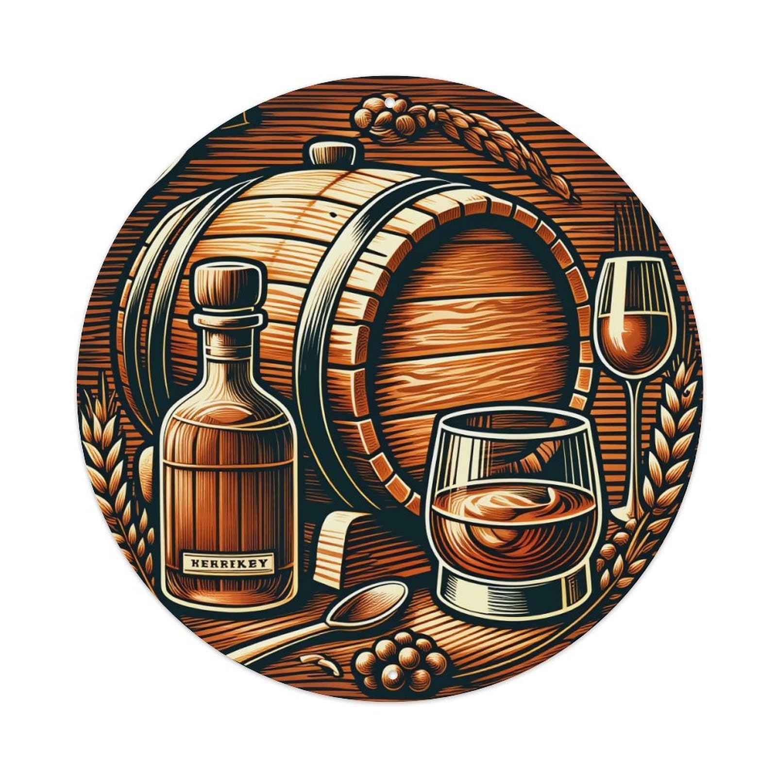 Barrel Whiskey Bottle Glass Round Tin Sign Vintage Metal Poster, Home Bar Garage Man Cave Cafe Indoor & Outdoor Wall Decoration 8x8Inches