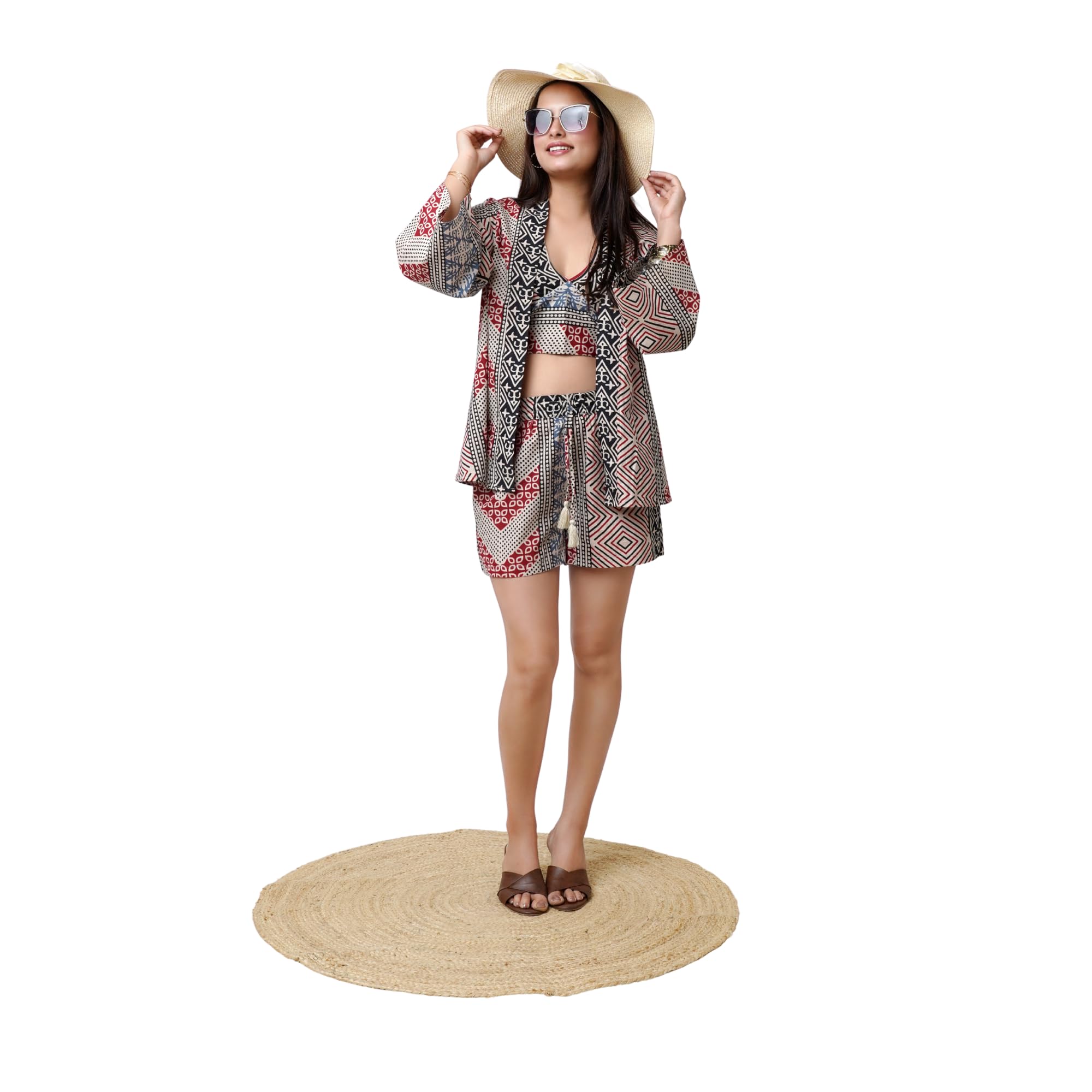 Kia Women's Cotton 3 Piece Co Ord Set Halter Top Kimono Shorts-picture-36