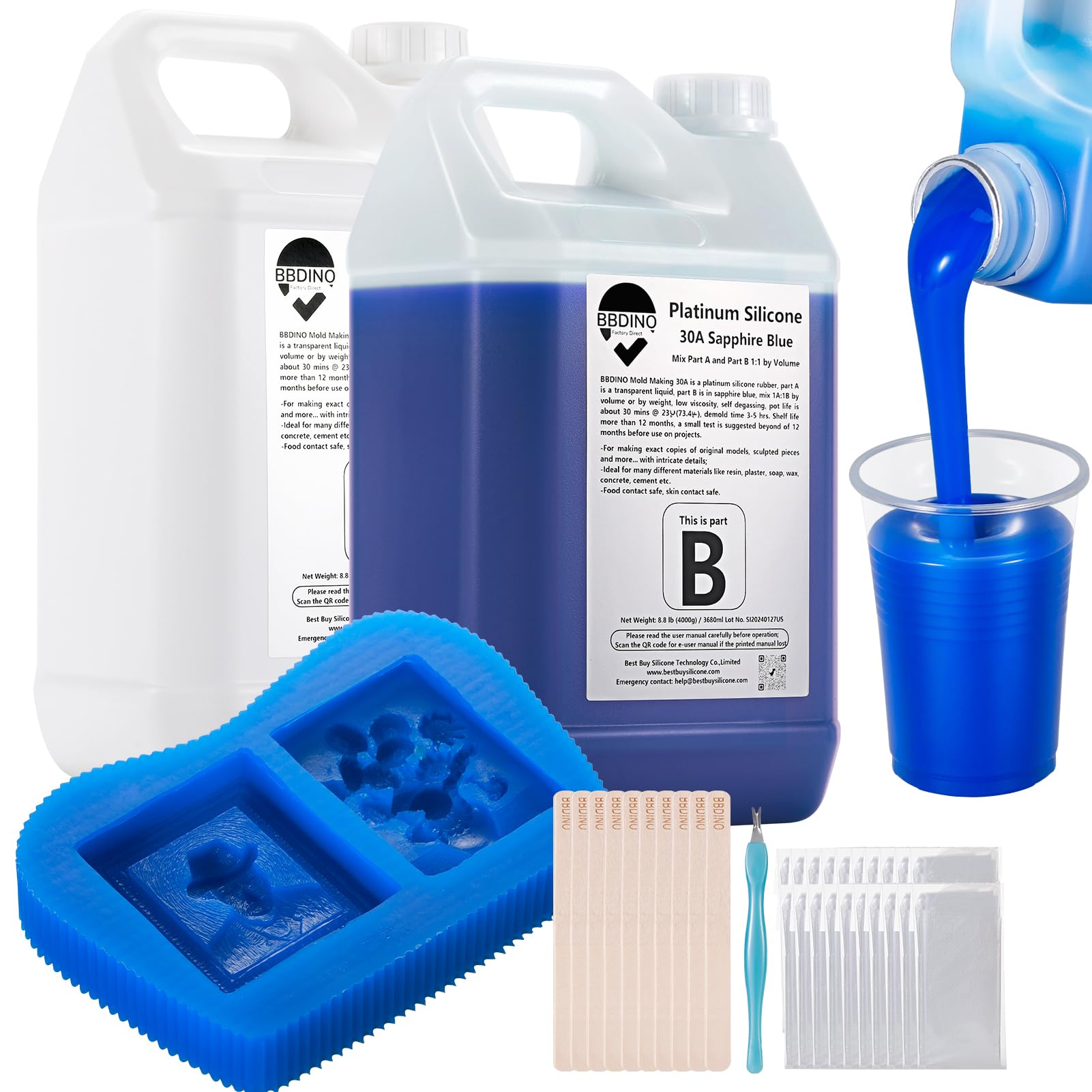 Silicone Mold Making Kit - Silicone for Mold Making 30A - Platinum Liquid Mold Making Silicone 2 Gallons with Tools Kit- 1:1 By Volume - Ideal for Resin Molds, Silicone Molds, Soap Molds Sapphire Blue