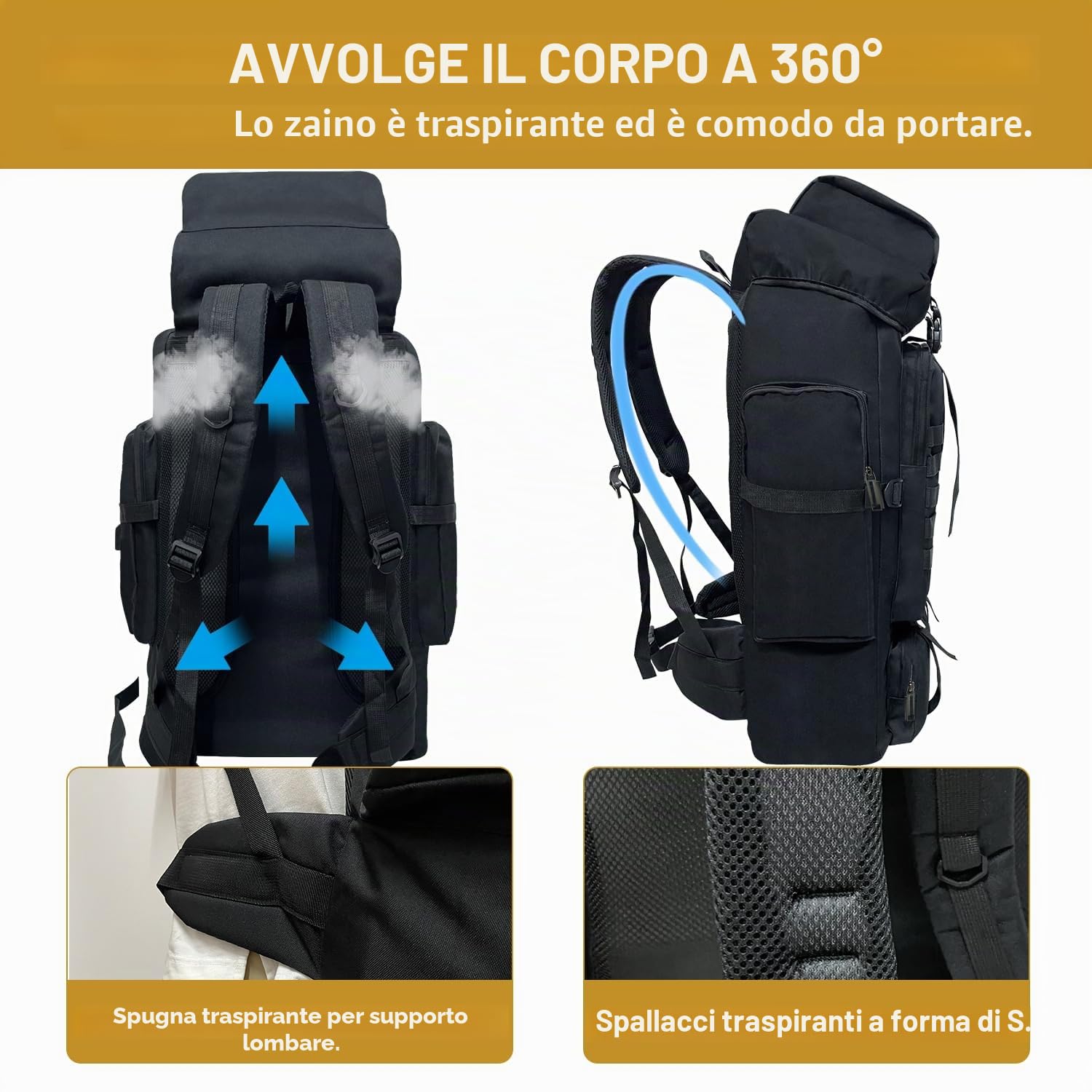 80L Zaino da trekking, Grande Campeggio tattico militare zaino, impermeabile da viaggio Daypack outdoor Molle Zaino per le donne degli uomini (Nero)
