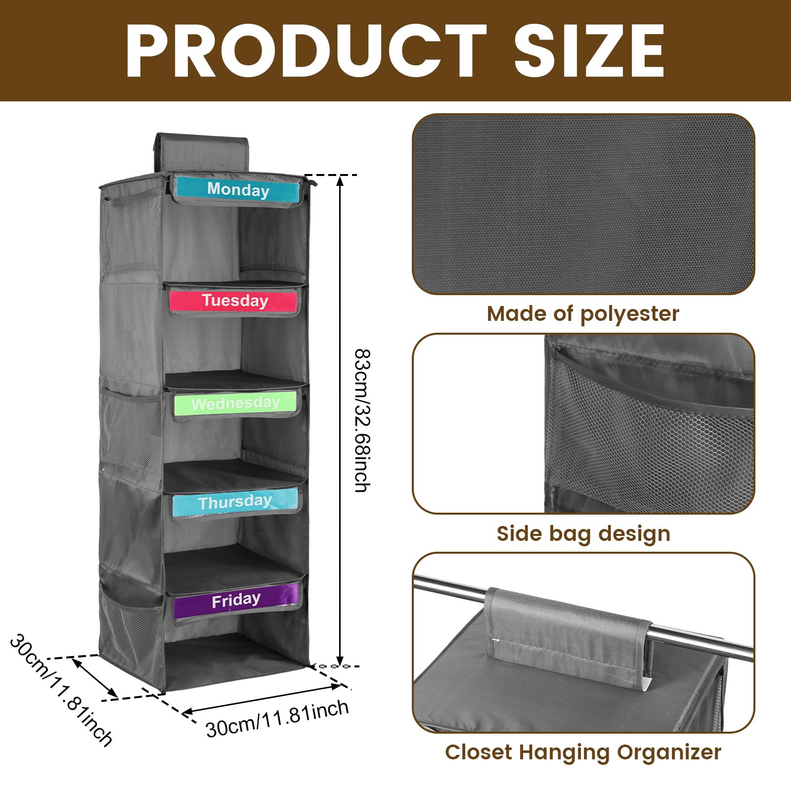 Weekly Clothes Organizer for Kids Monday Friday Clothes Organizer Kids Daily Cloth Organizers Versatile Kid Daily Hanging Closet Organizers for Hats T-Shirts Bags Towels (Gray) - Image 2