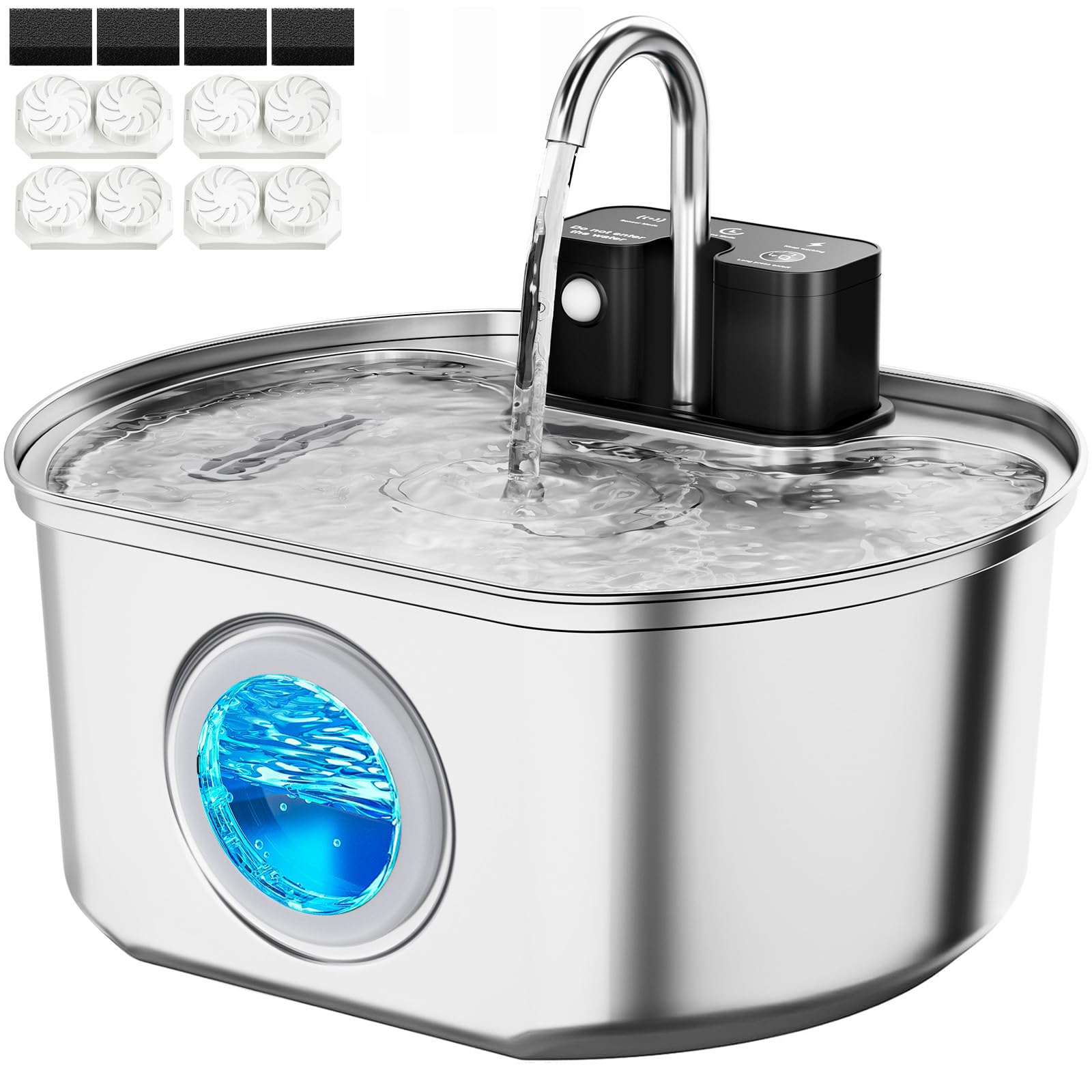 Cat Water Fountain Stainless Steel - Wireless 3.2 L/108 oz Battery Operated Automatic Pet Drinking Fountain for Cats - Cordless Water Dispenser with 4000 mAh Rechargeable Battery (4 Filter)